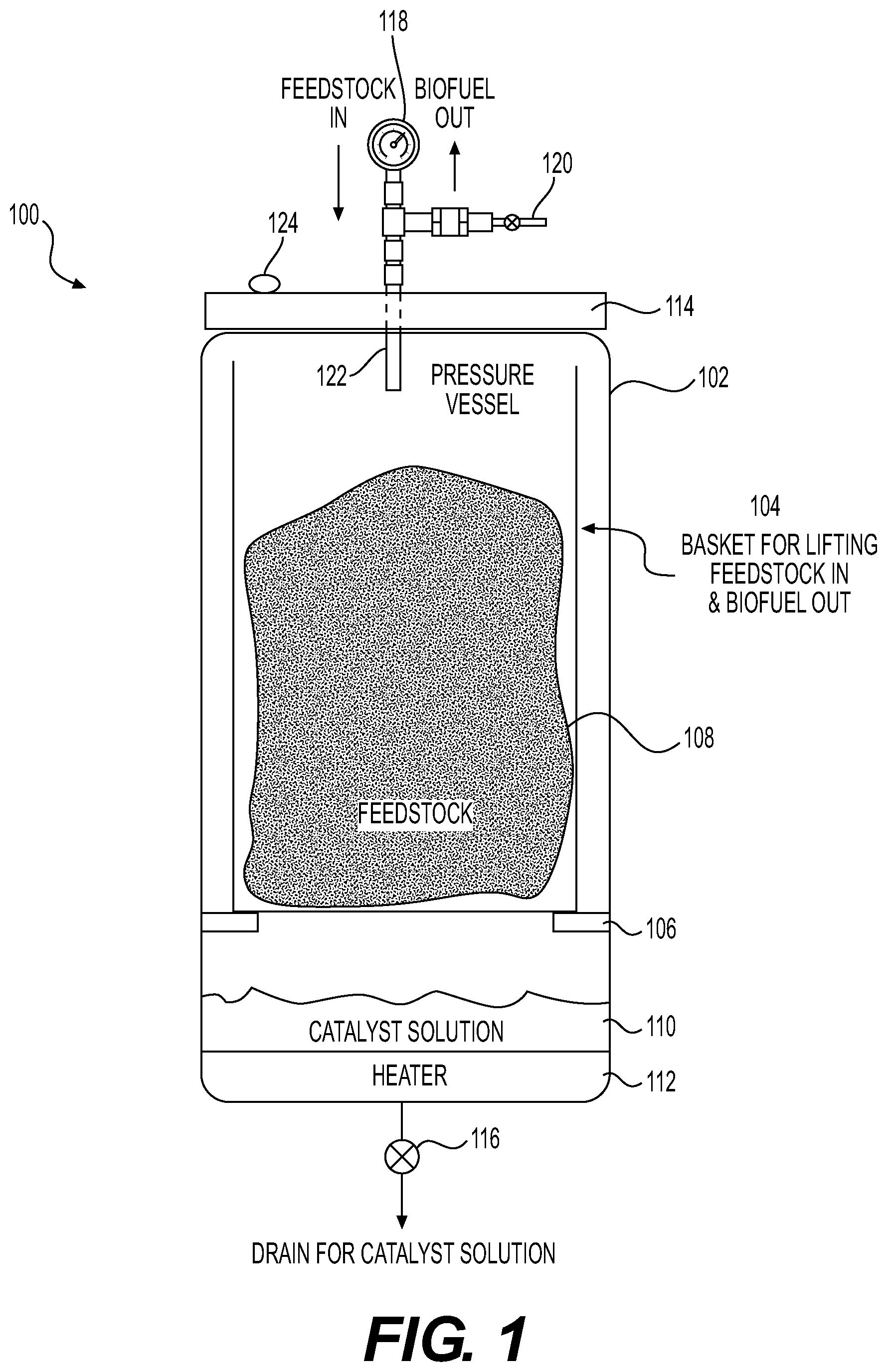 Patent US12104134 Figure 1 – Apparatus and process for catalyzed steam biofuel production