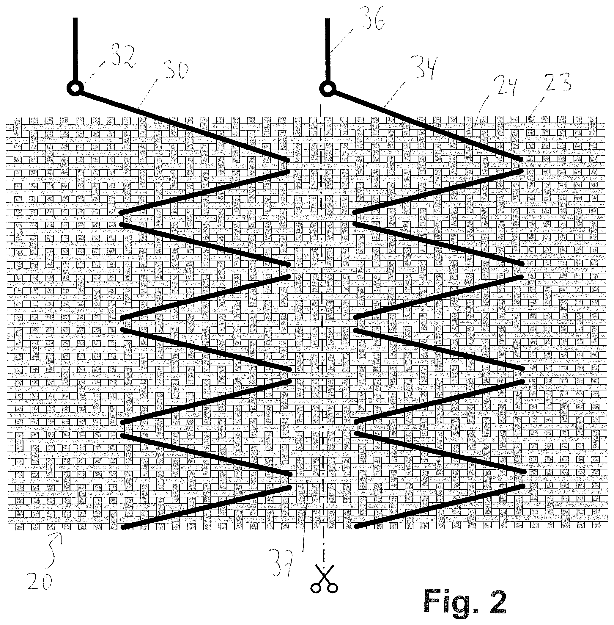 Patent US12104293 Figure 2 – Method for pattern-directed formation of the connection point of an effect thread in the woven fabric