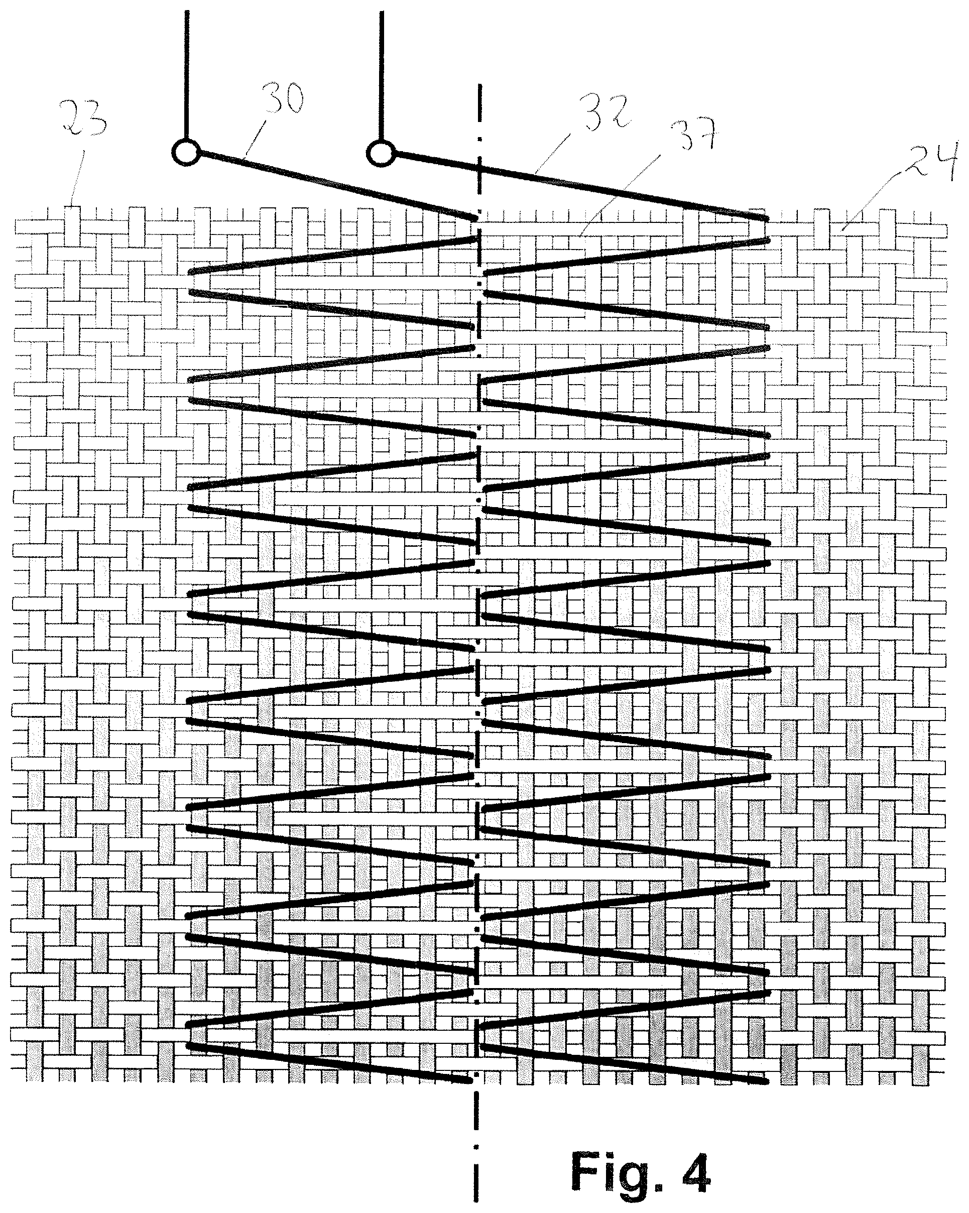 Patent US12104293 Figure 4 – Method for pattern-directed formation of the connection point of an effect thread in the woven fabric