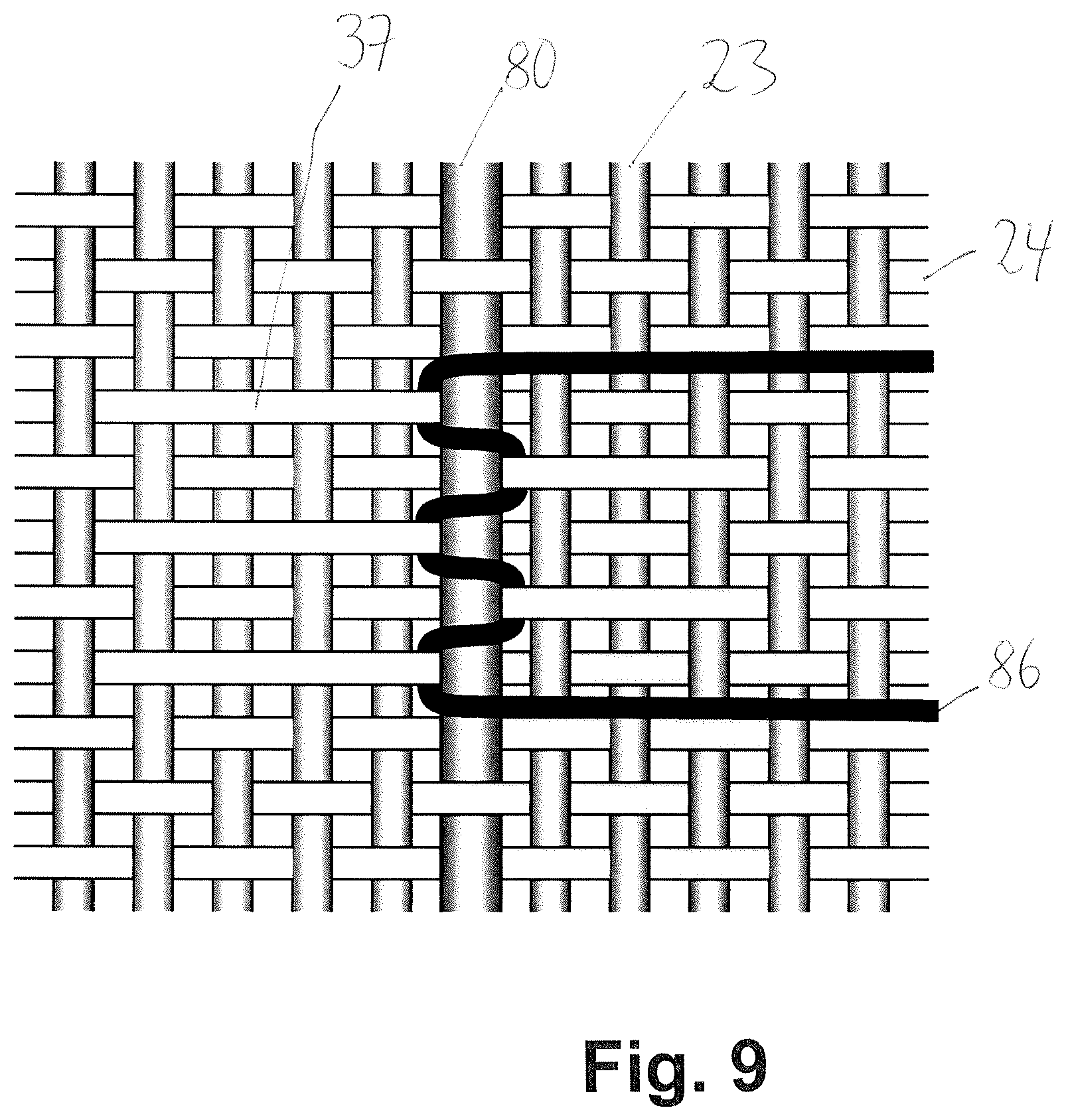 Patent US12104293 Figure 9 – Method for pattern-directed formation of the connection point of an effect thread in the woven fabric