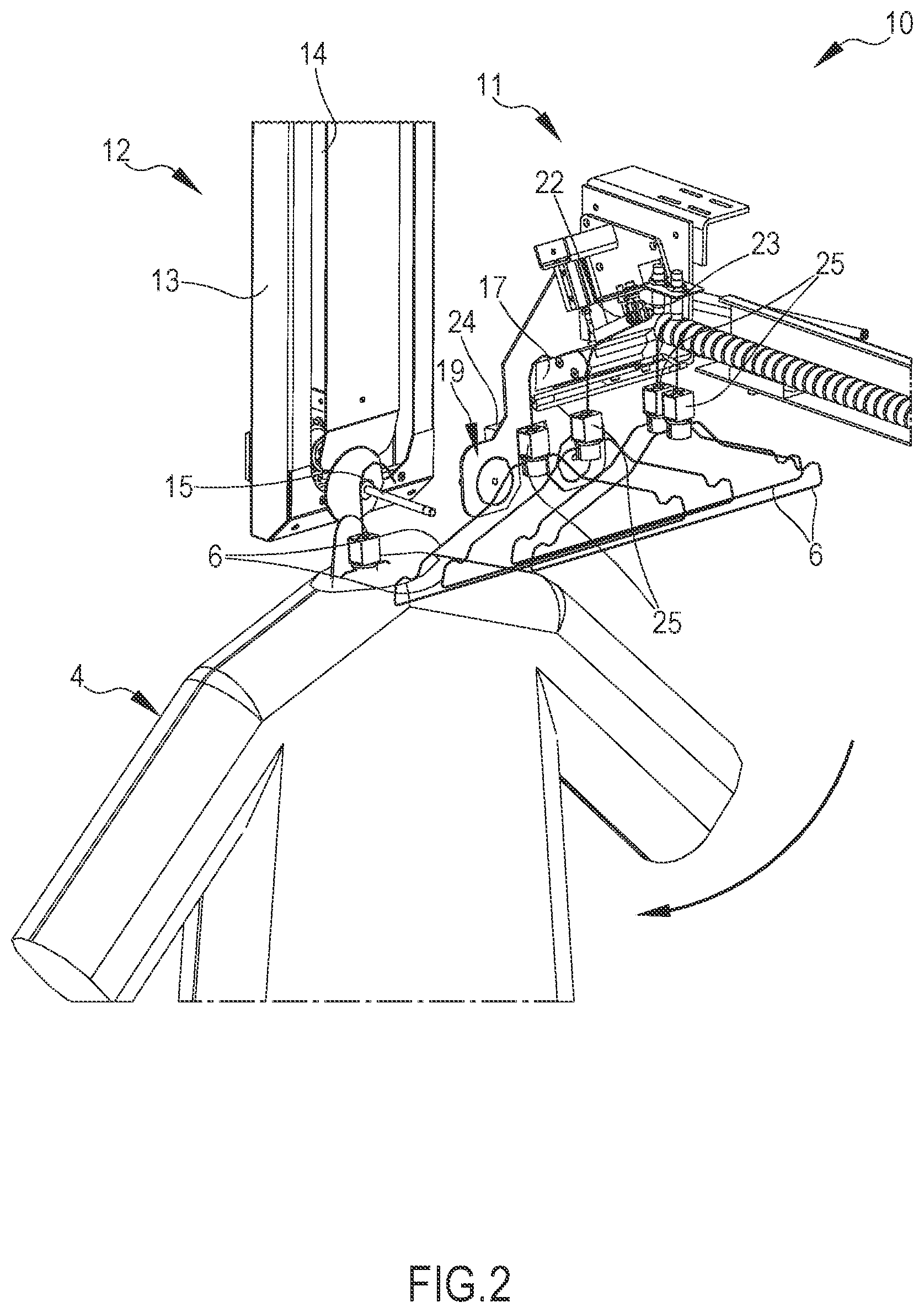 Patent US12104315 Figure 2 – Device for the automatic loading of hangers in an apparatus for ironing shirts or similar items and apparatus comprising such device
