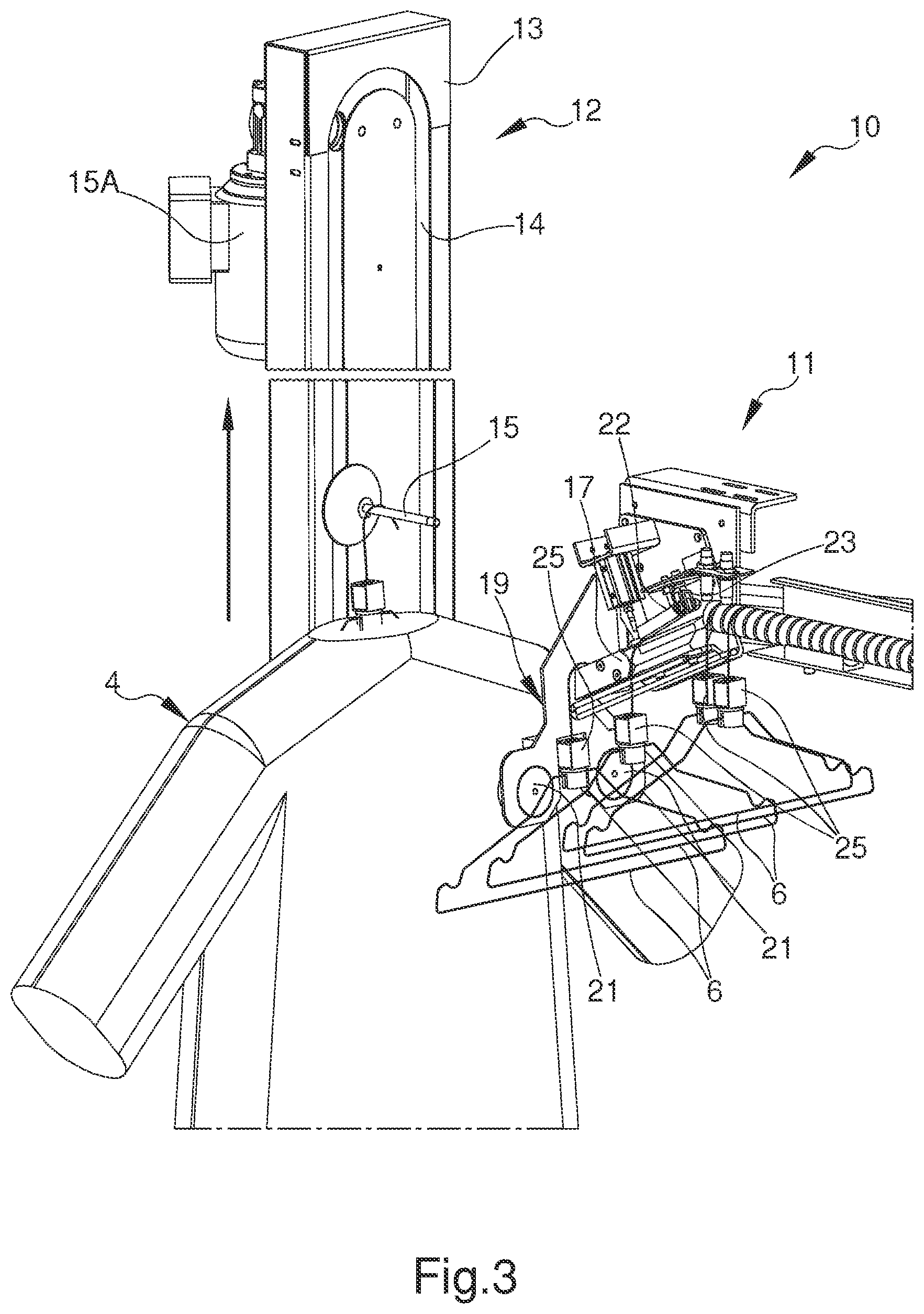 Patent US12104315 Figure 3 – Device for the automatic loading of hangers in an apparatus for ironing shirts or similar items and apparatus comprising such device