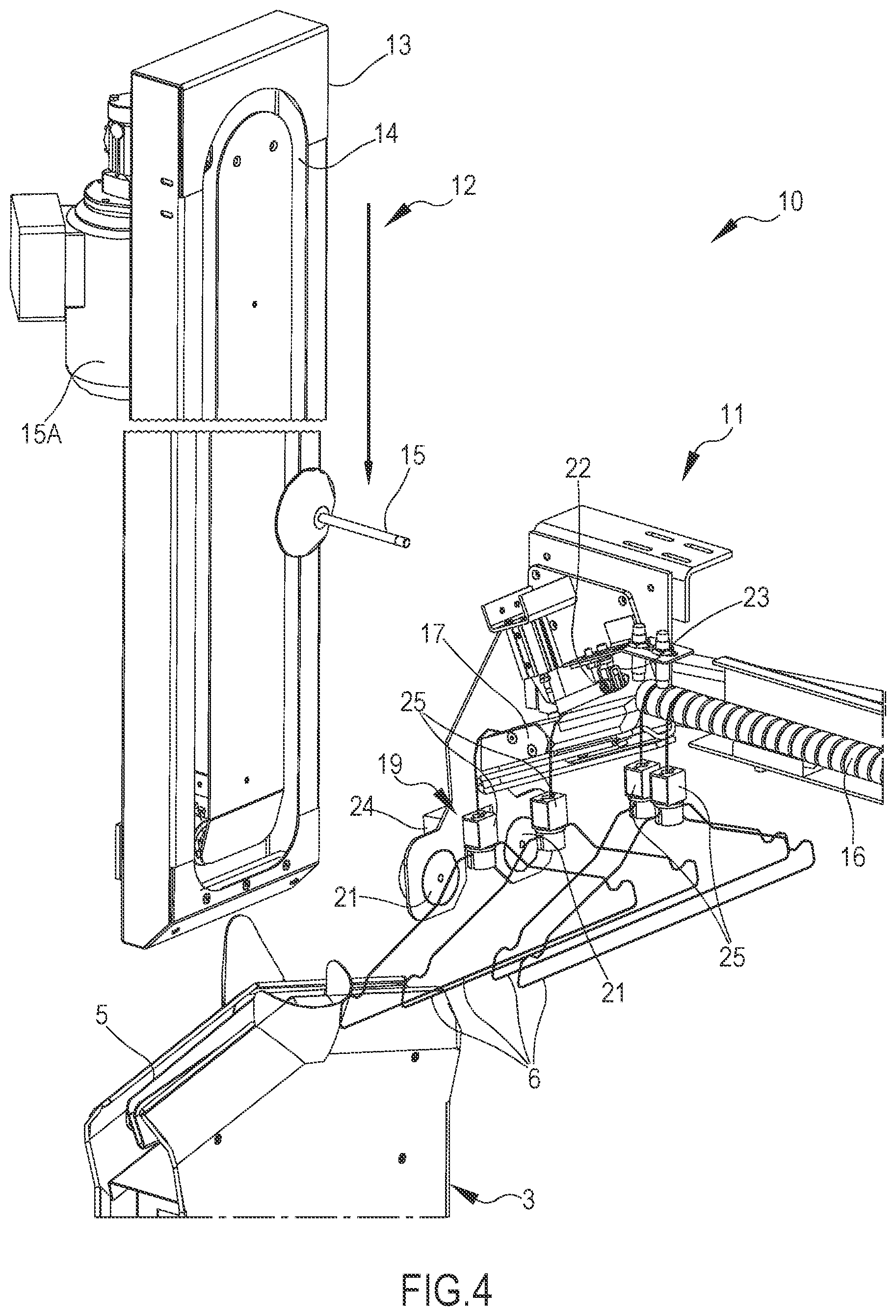 Patent US12104315 Figure 4 – Device for the automatic loading of hangers in an apparatus for ironing shirts or similar items and apparatus comprising such device