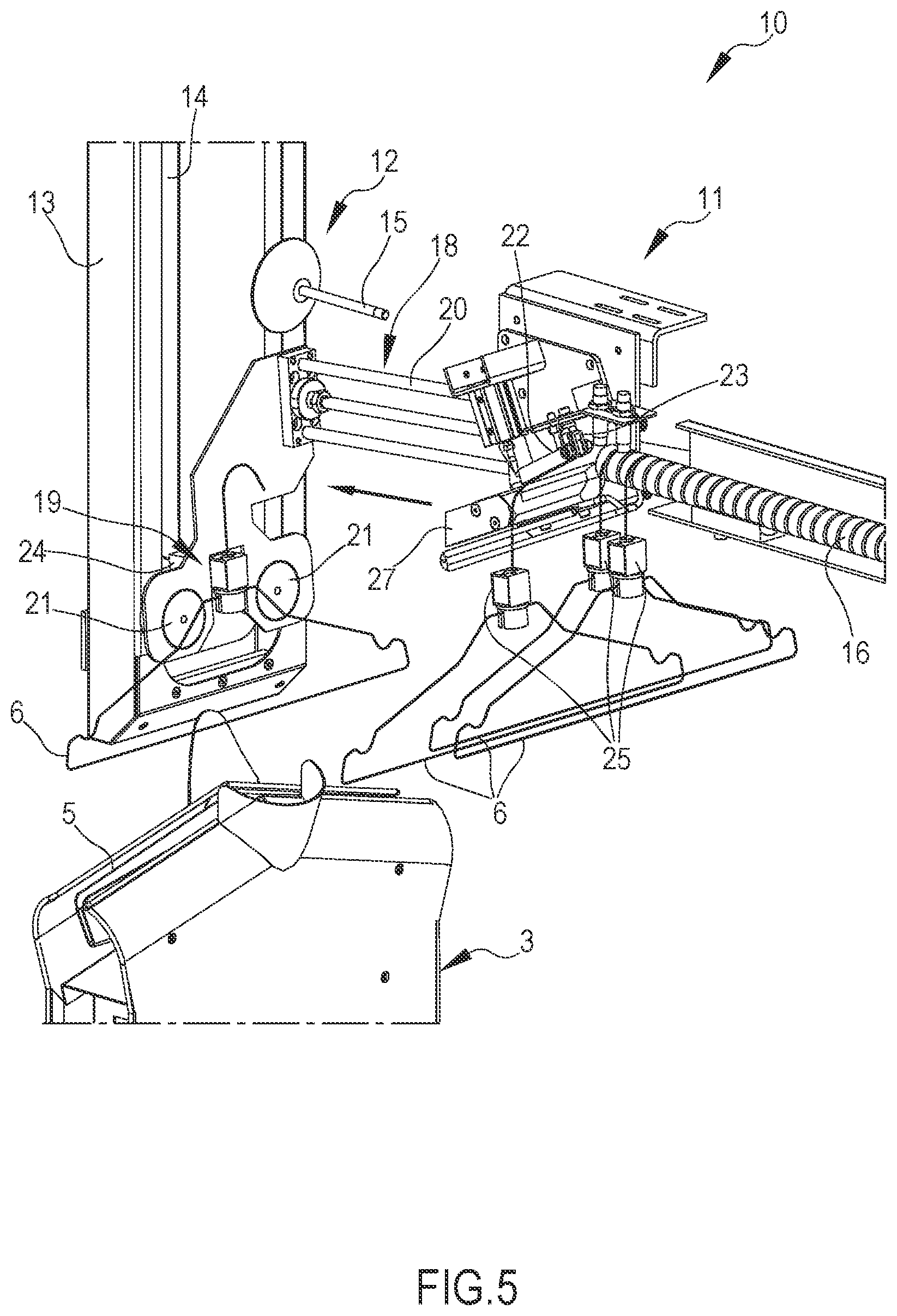 Patent US12104315 Figure 5 – Device for the automatic loading of hangers in an apparatus for ironing shirts or similar items and apparatus comprising such device