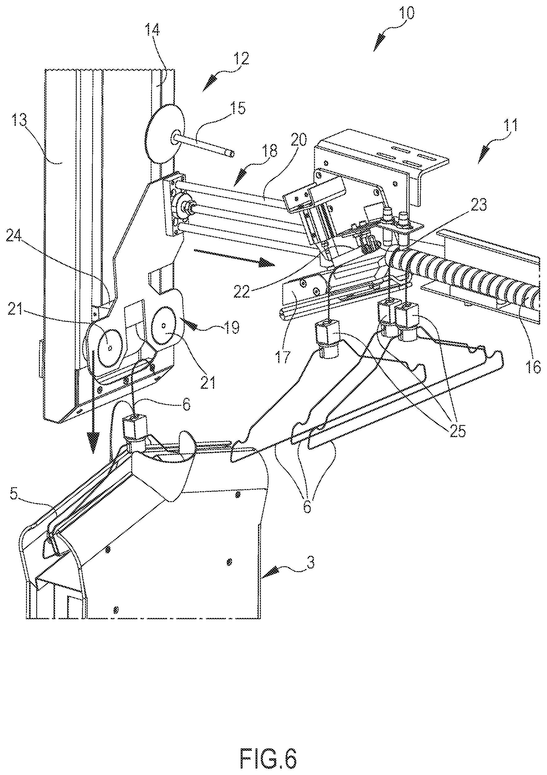 Patent US12104315 Figure 6 – Device for the automatic loading of hangers in an apparatus for ironing shirts or similar items and apparatus comprising such device