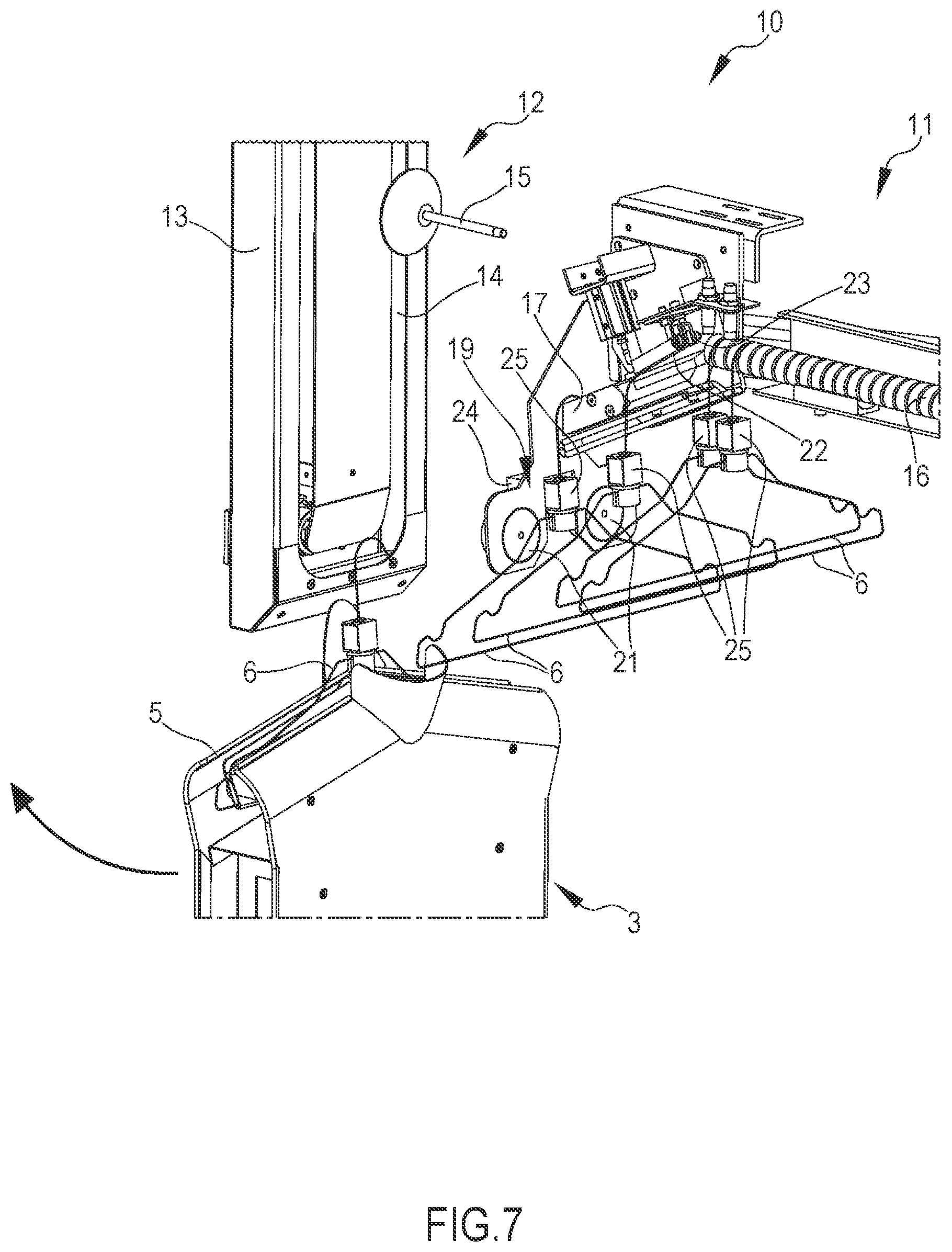 Patent US12104315 Figure 7 – Device for the automatic loading of hangers in an apparatus for ironing shirts or similar items and apparatus comprising such device