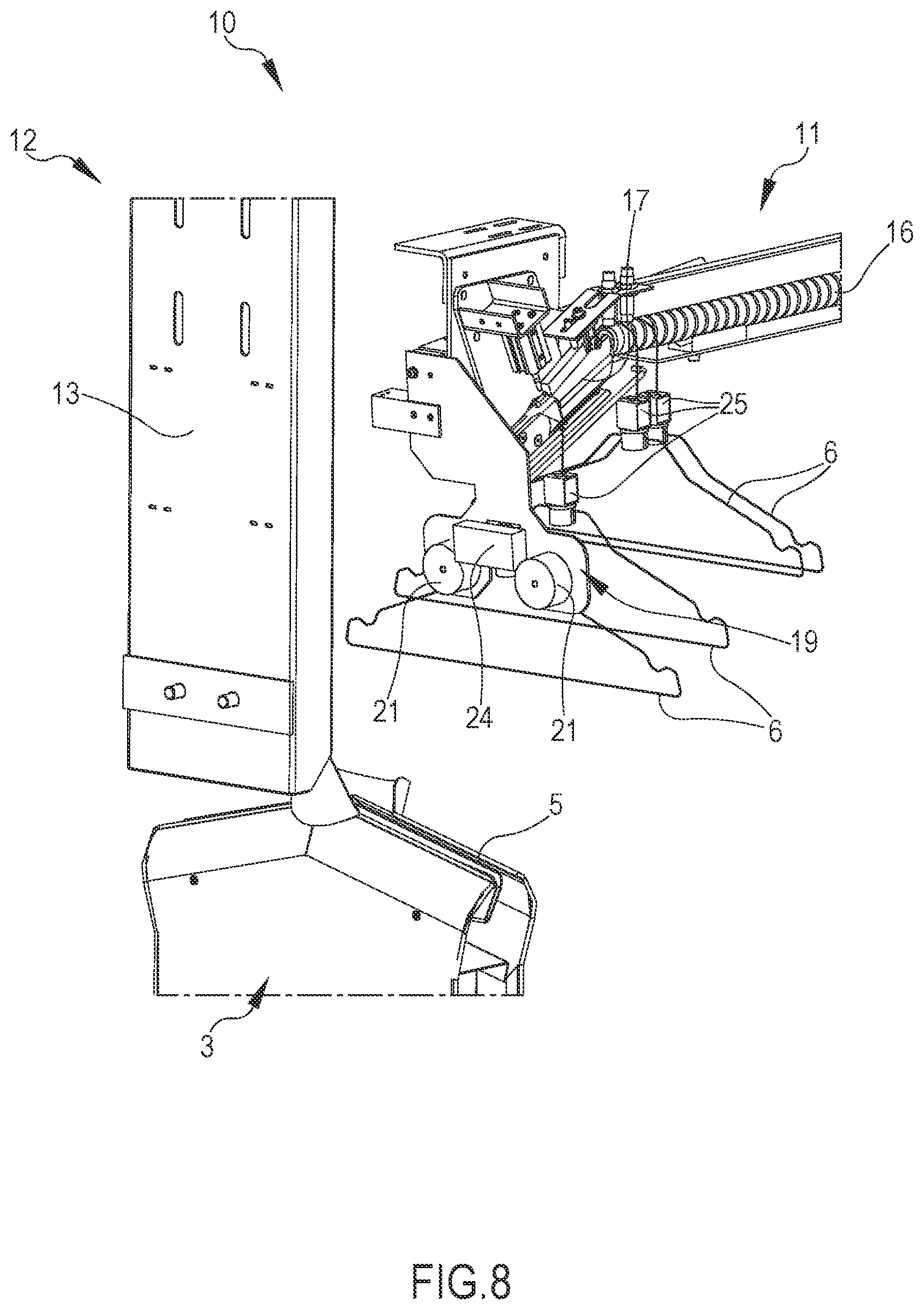 Patent US12104315 Figure 8 – Device for the automatic loading of hangers in an apparatus for ironing shirts or similar items and apparatus comprising such device