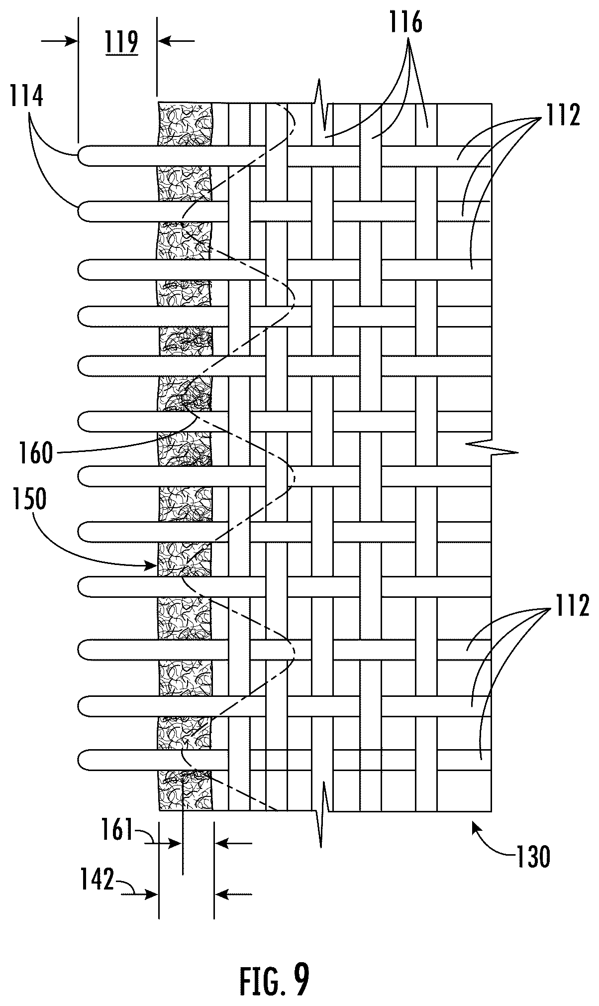 Patent US12104323 Figure 5 – Seamed press felt with partially anchored stuffer yarn packager