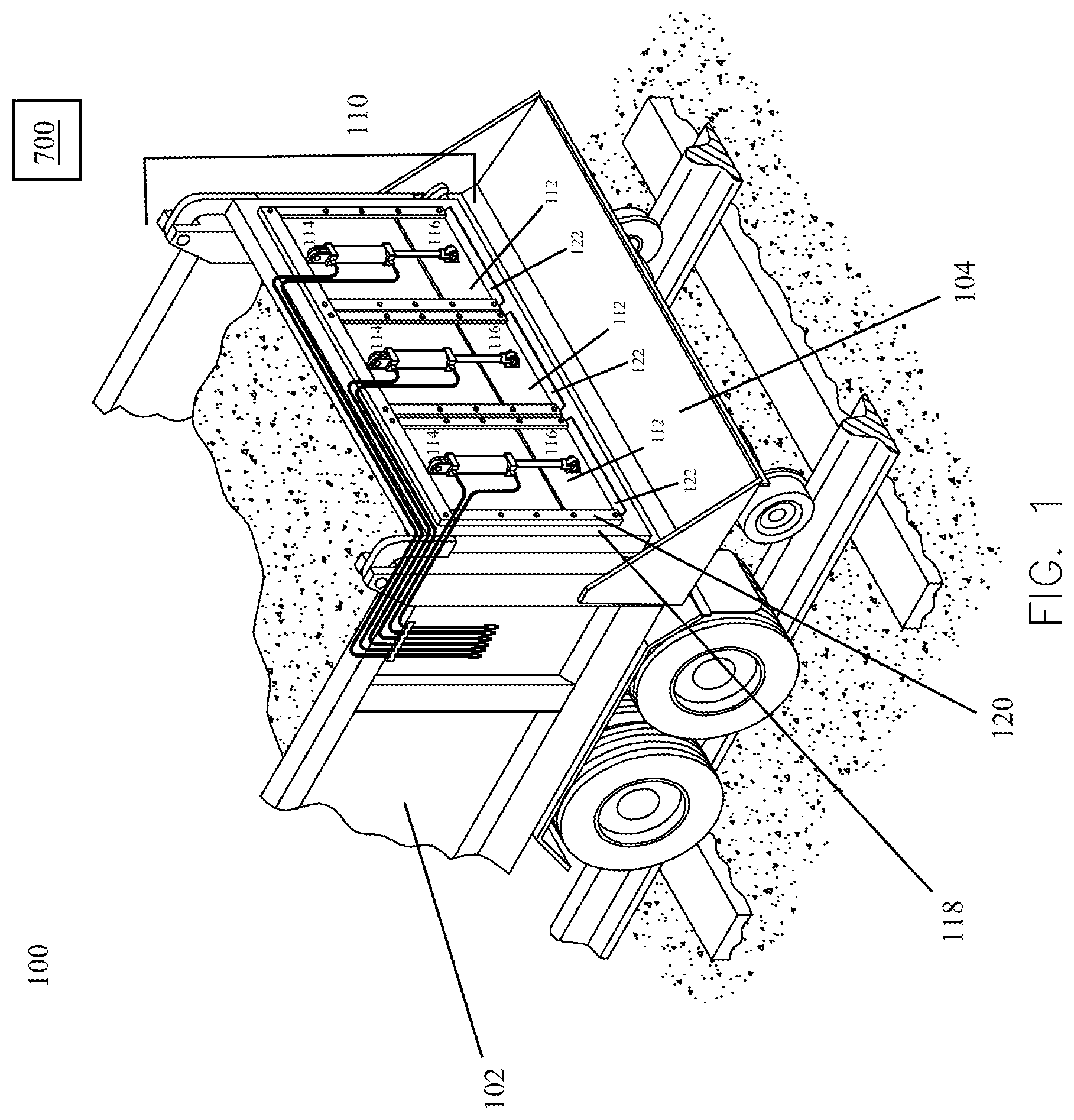 Patent US12104329 Figure 1 – Dumping system for delivery of aggregate to a railroad track
