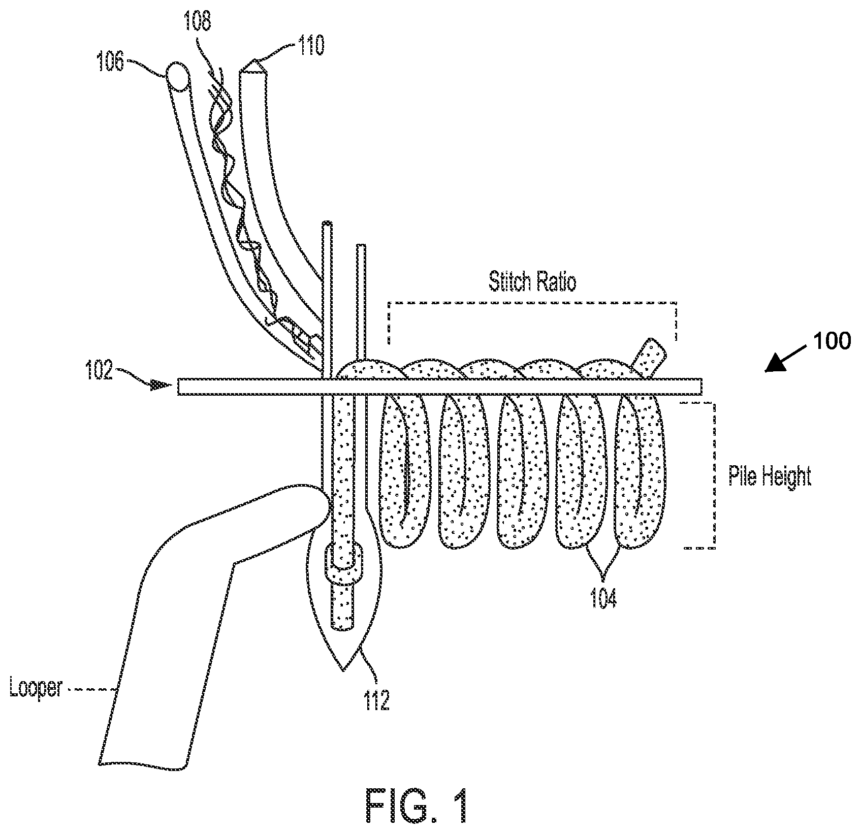 Patent US12104332 Figure 1 – Artificial turf and associated devices and methods for making same