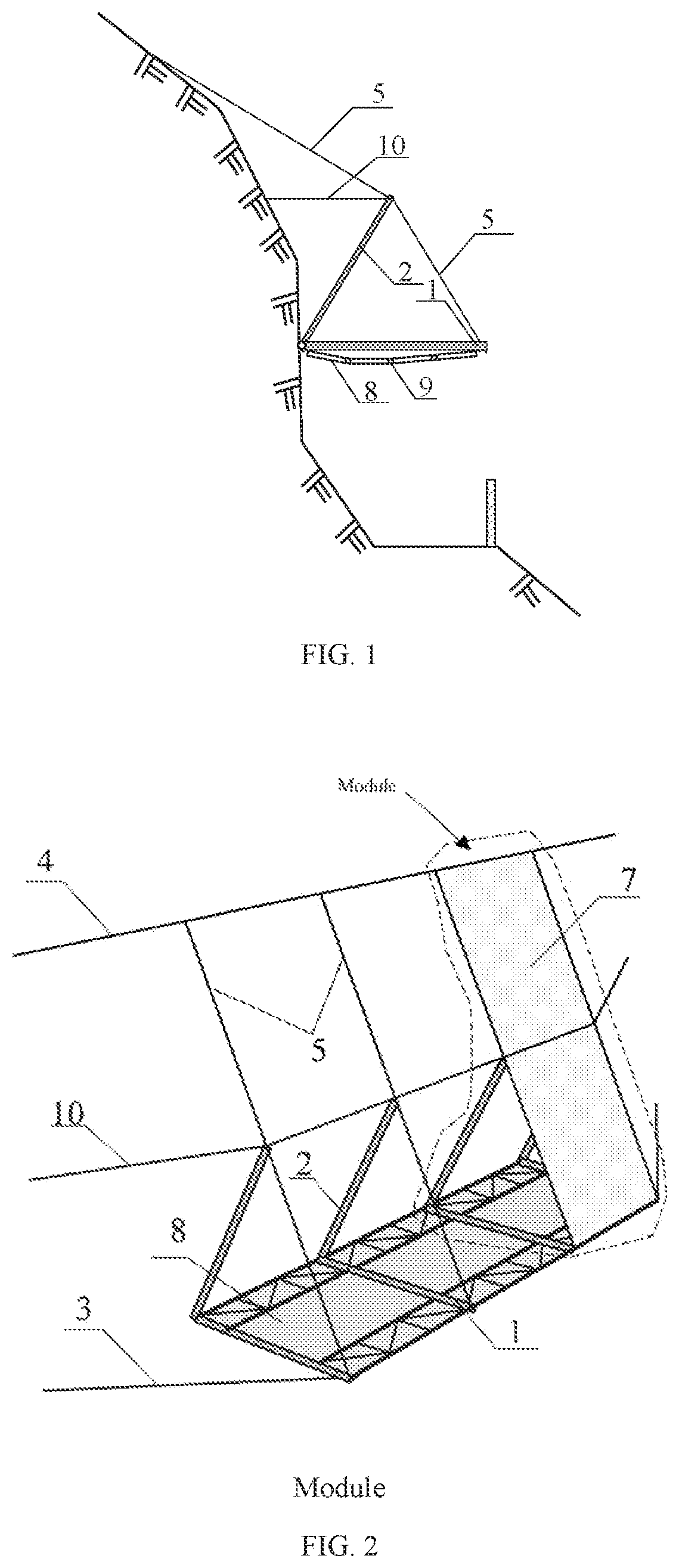 Patent US12104338 Figure 1 – Combined type flexible glass net system used for protection against full-particle falling rocks on plank roads in scenic sports and mounting method thereof
