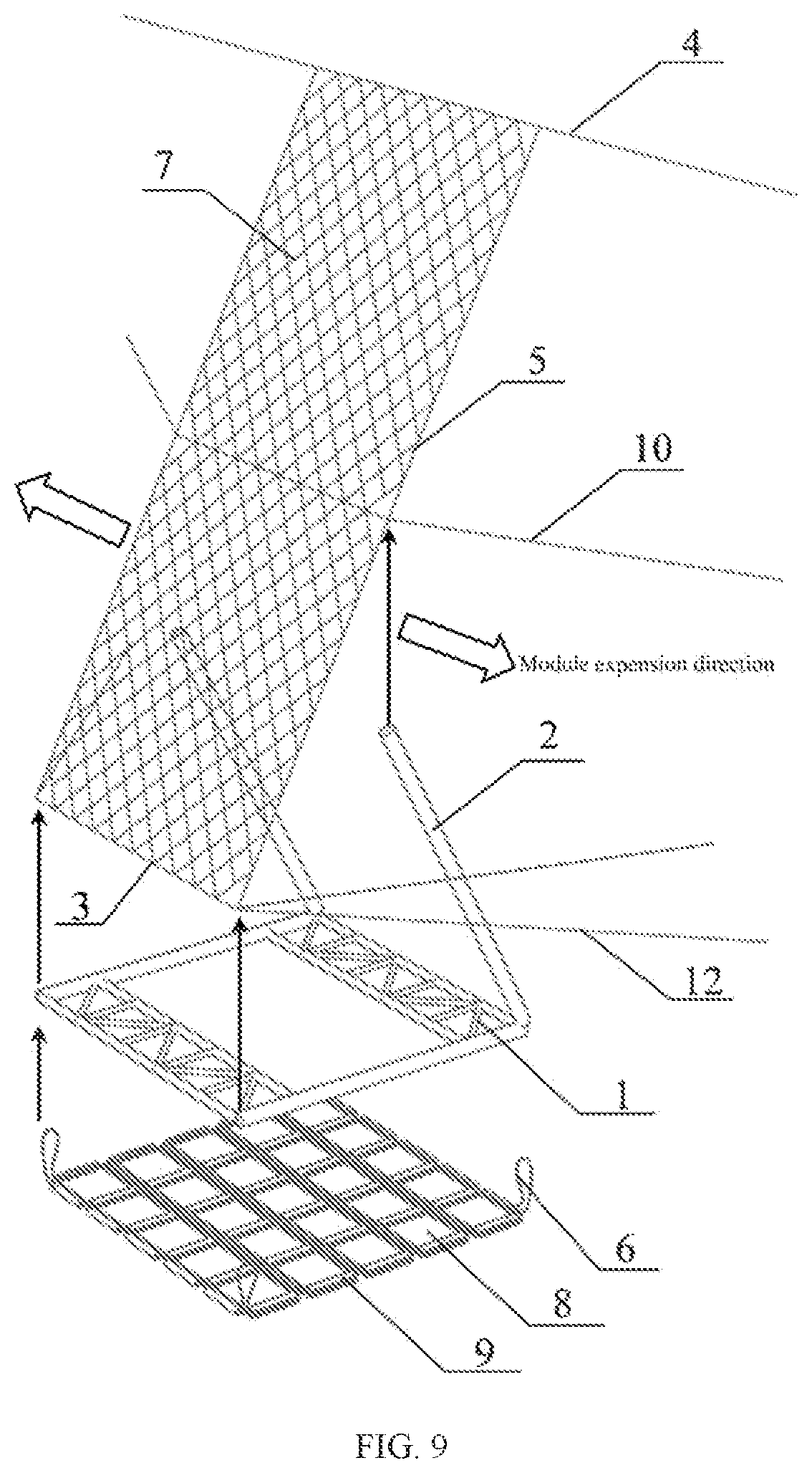 Patent US12104338 Figure 4 – Combined type flexible glass net system used for protection against full-particle falling rocks on plank roads in scenic sports and mounting method thereof