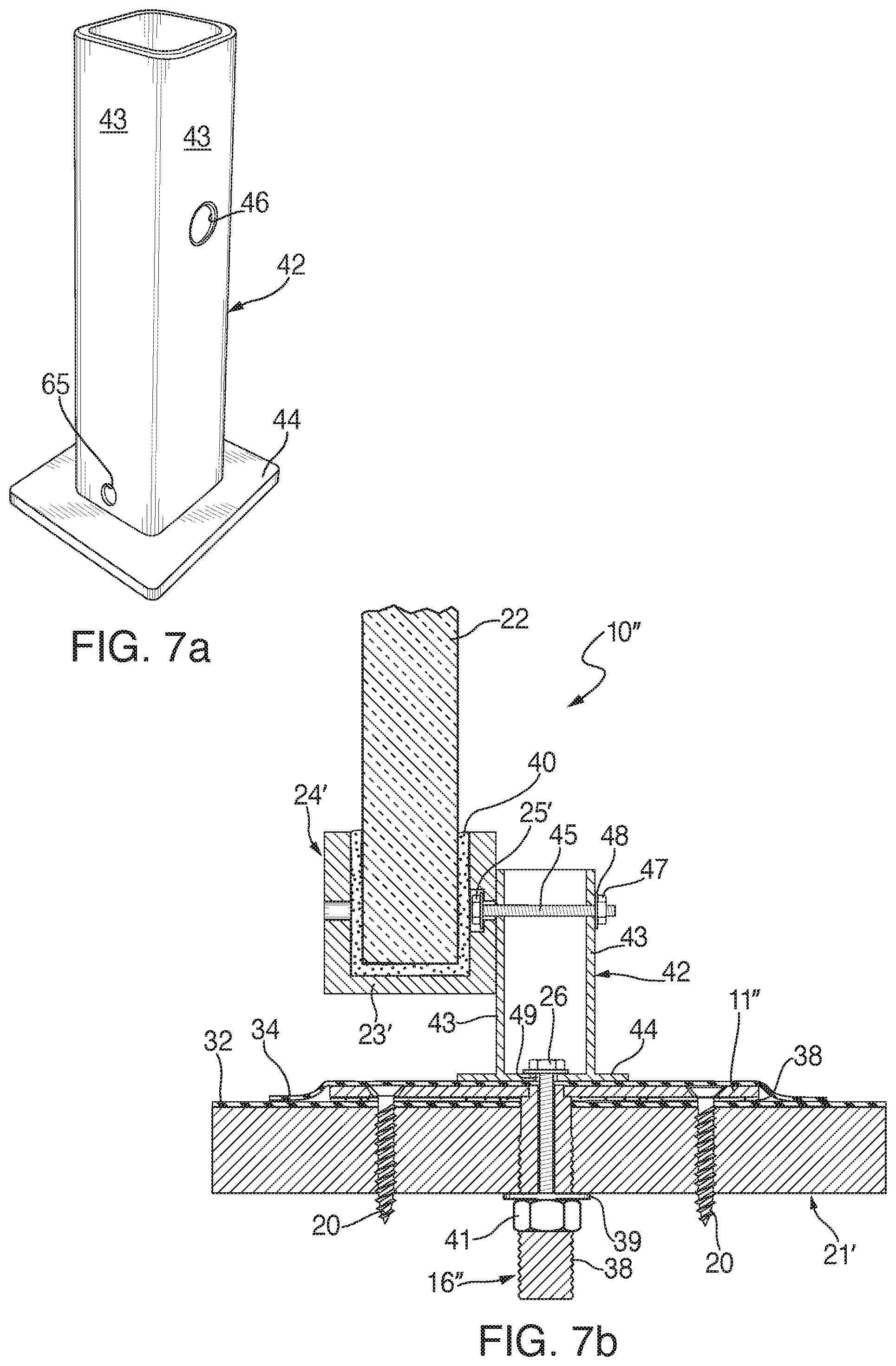 Patent US12104344 Figure 5 – Anchor and railing assembly