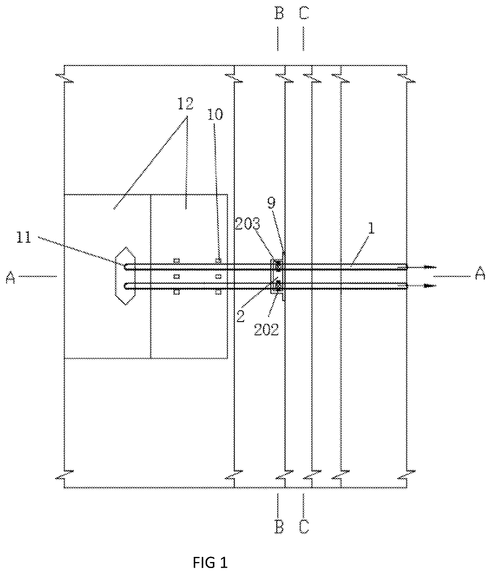 Patent US12104345 Figure 1 – Water intake pipeline structure passing through soft foundation embankment below flood level and construction method