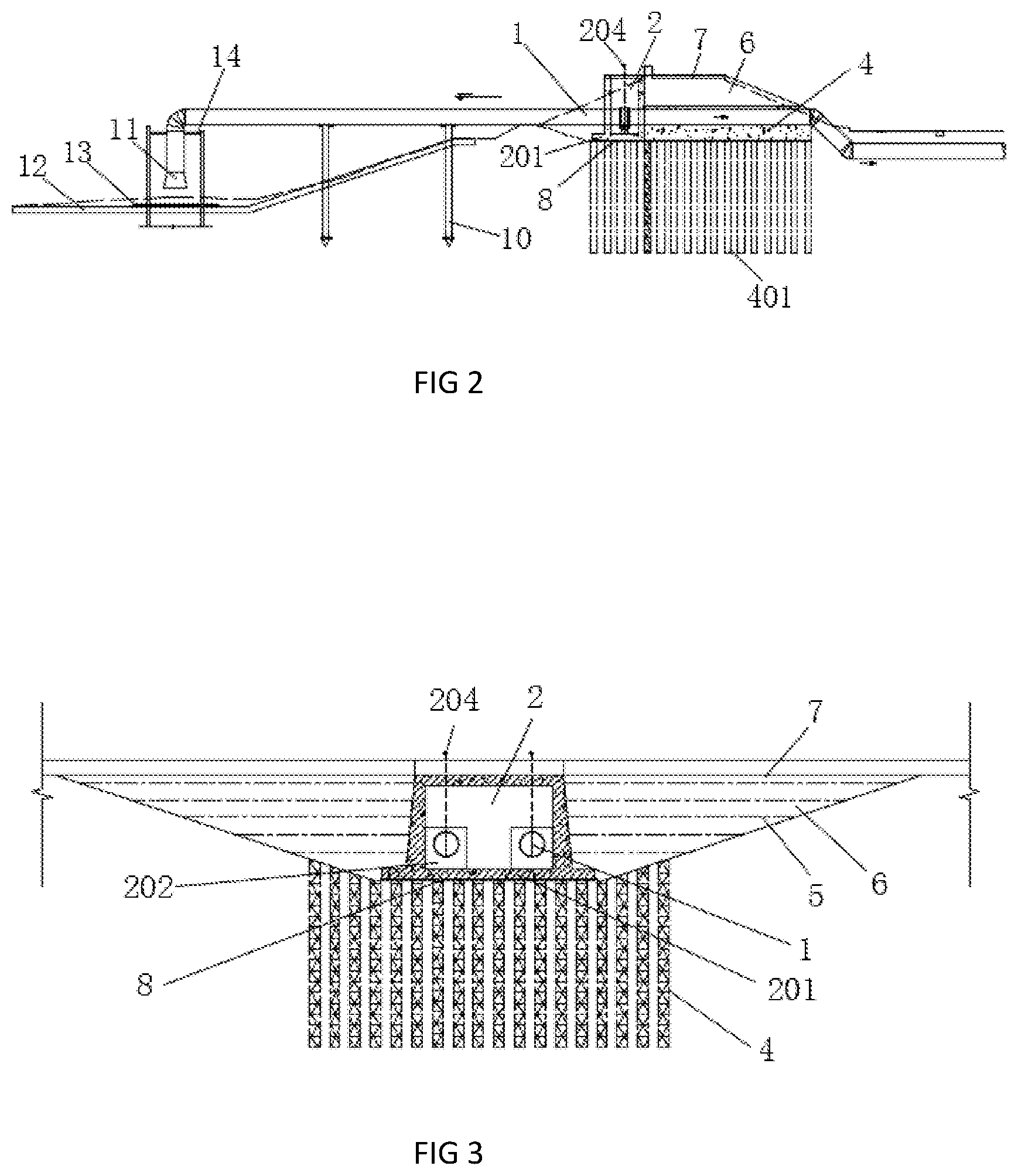 Patent US12104345 Figure 2 – Water intake pipeline structure passing through soft foundation embankment below flood level and construction method