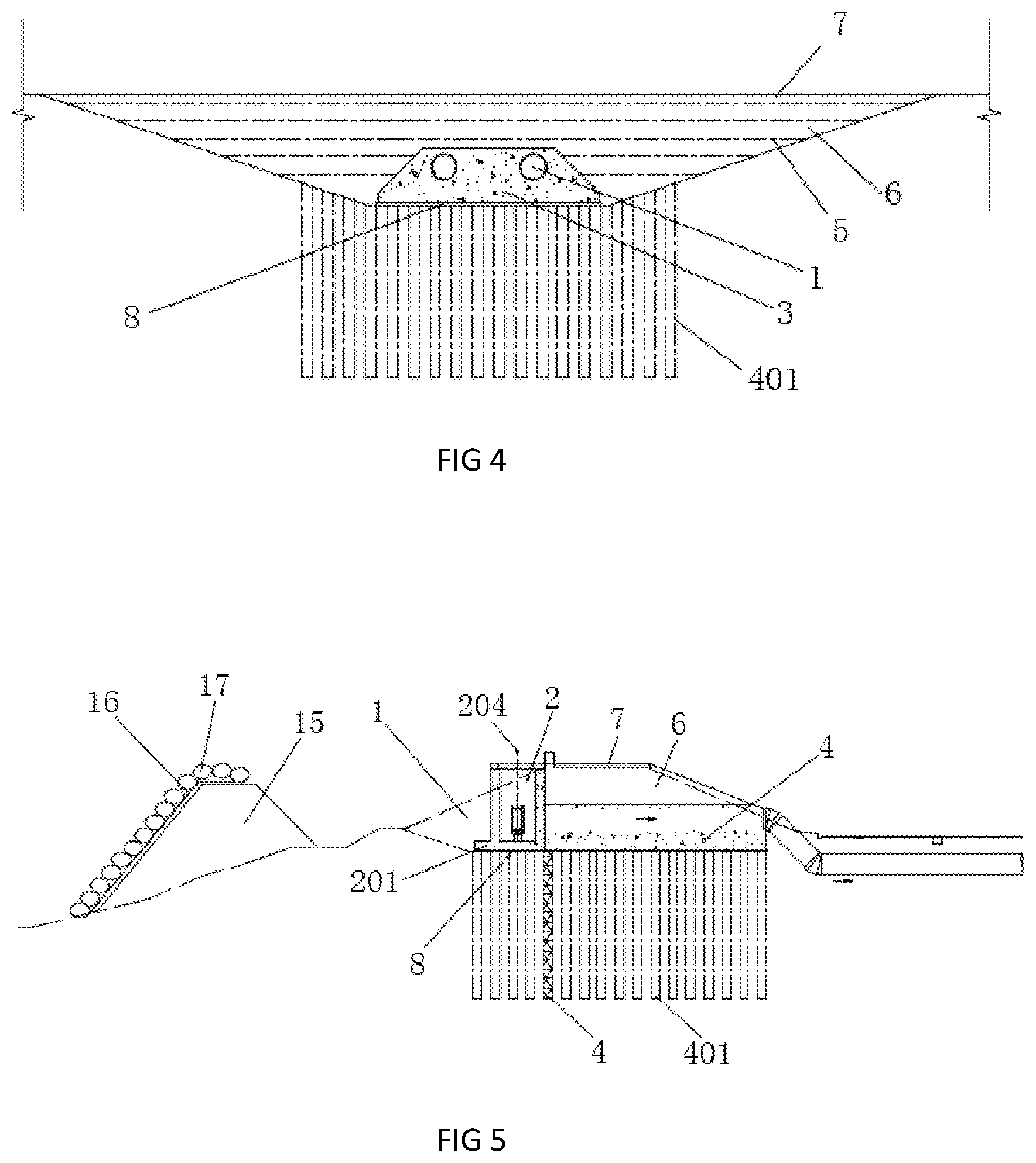 Patent US12104345 Figure 3 – Water intake pipeline structure passing through soft foundation embankment below flood level and construction method