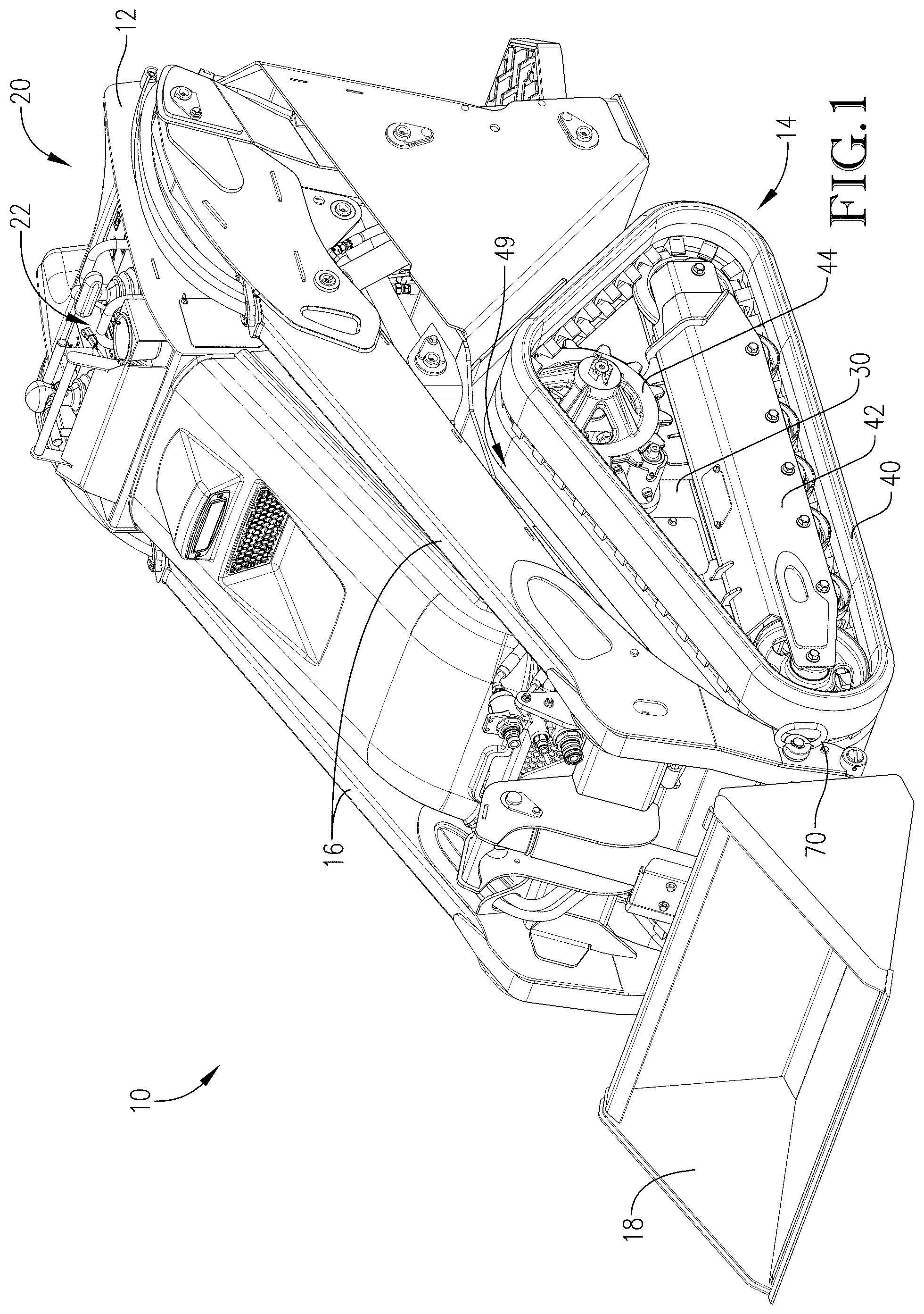 Patent US12104348 Figure 1 – Loader with improved arm path