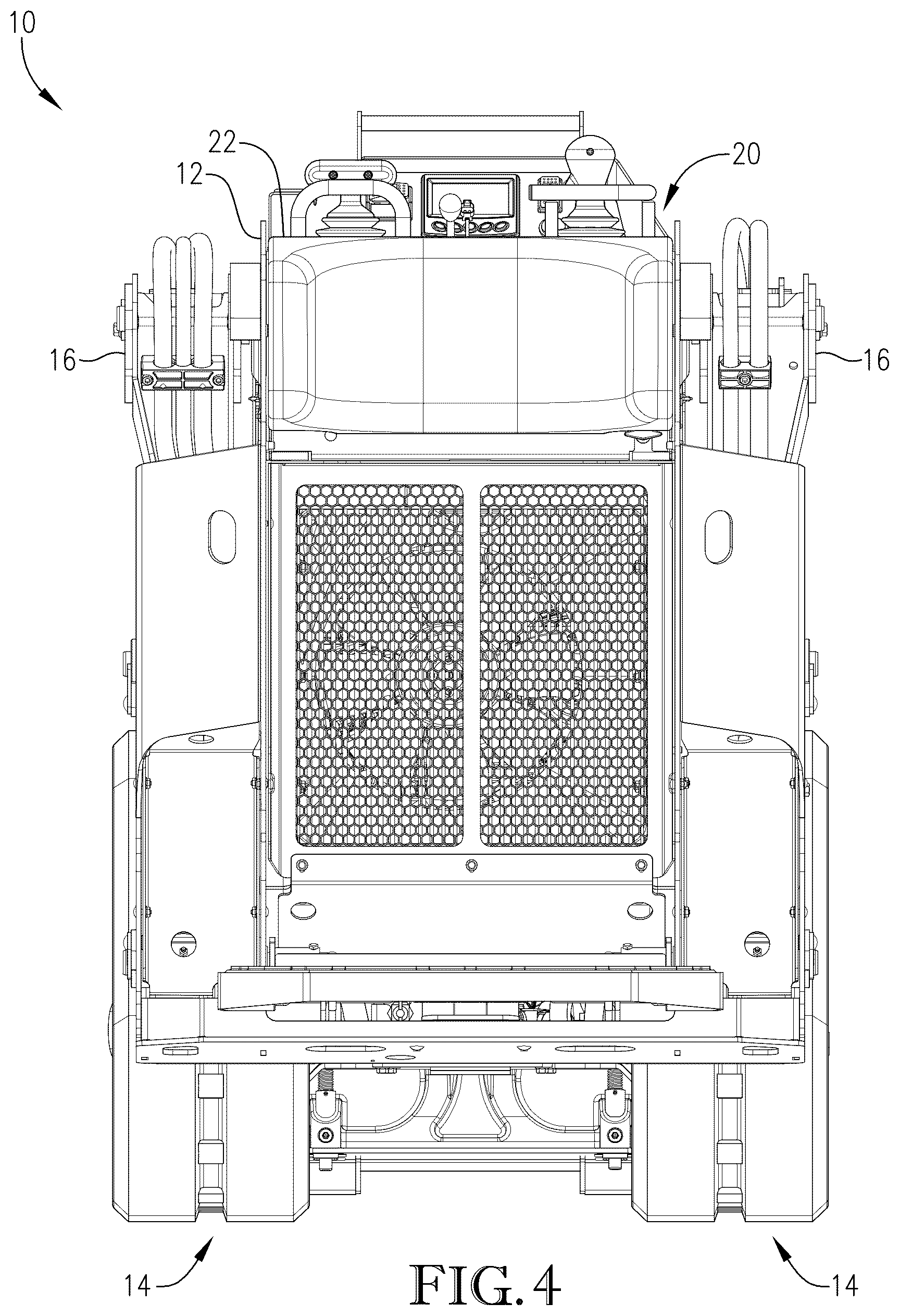 Patent US12104348 Figure 4 – Loader with improved arm path