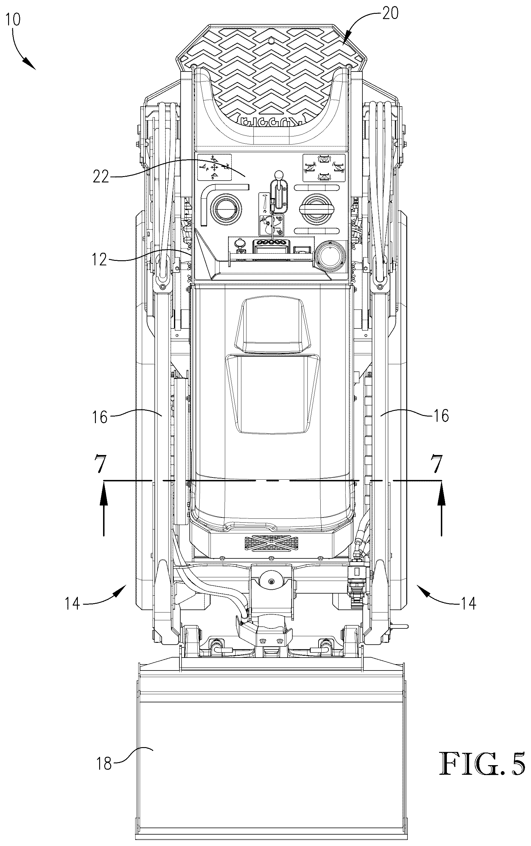 Patent US12104348 Figure 5 – Loader with improved arm path