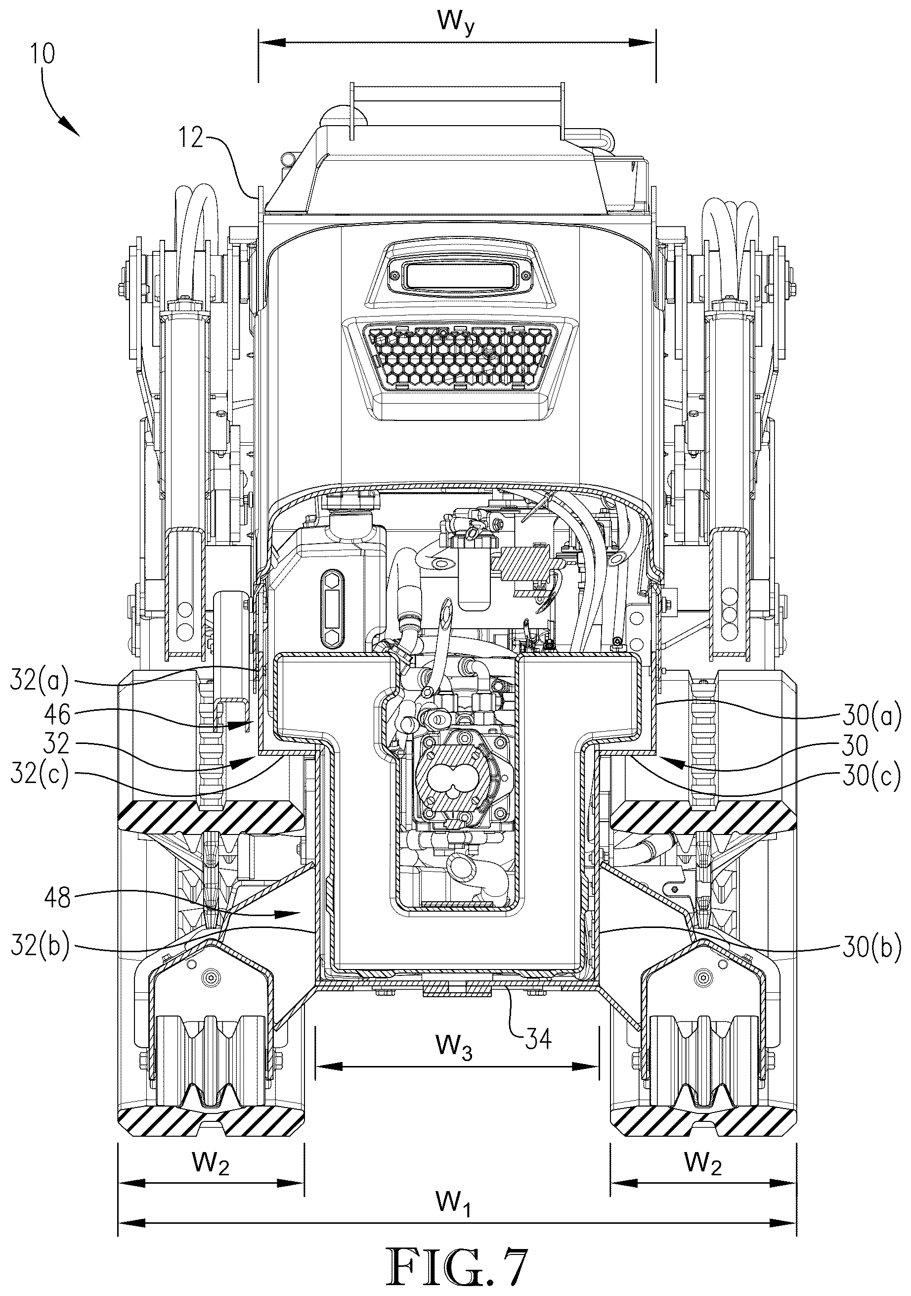 Patent US12104348 Figure 7 – Loader with improved arm path
