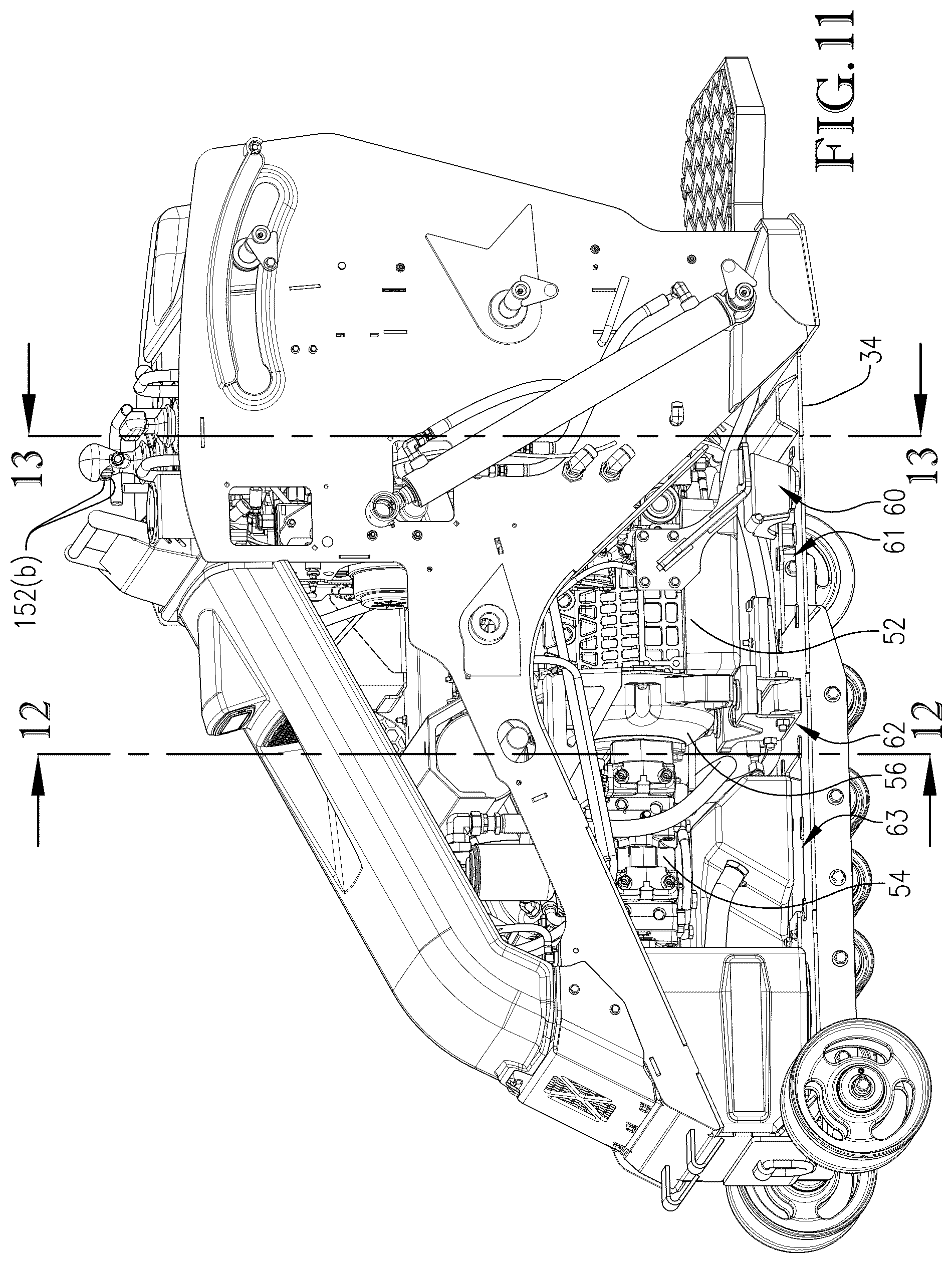 Patent US12104348 Figure 11 – Loader with improved arm path