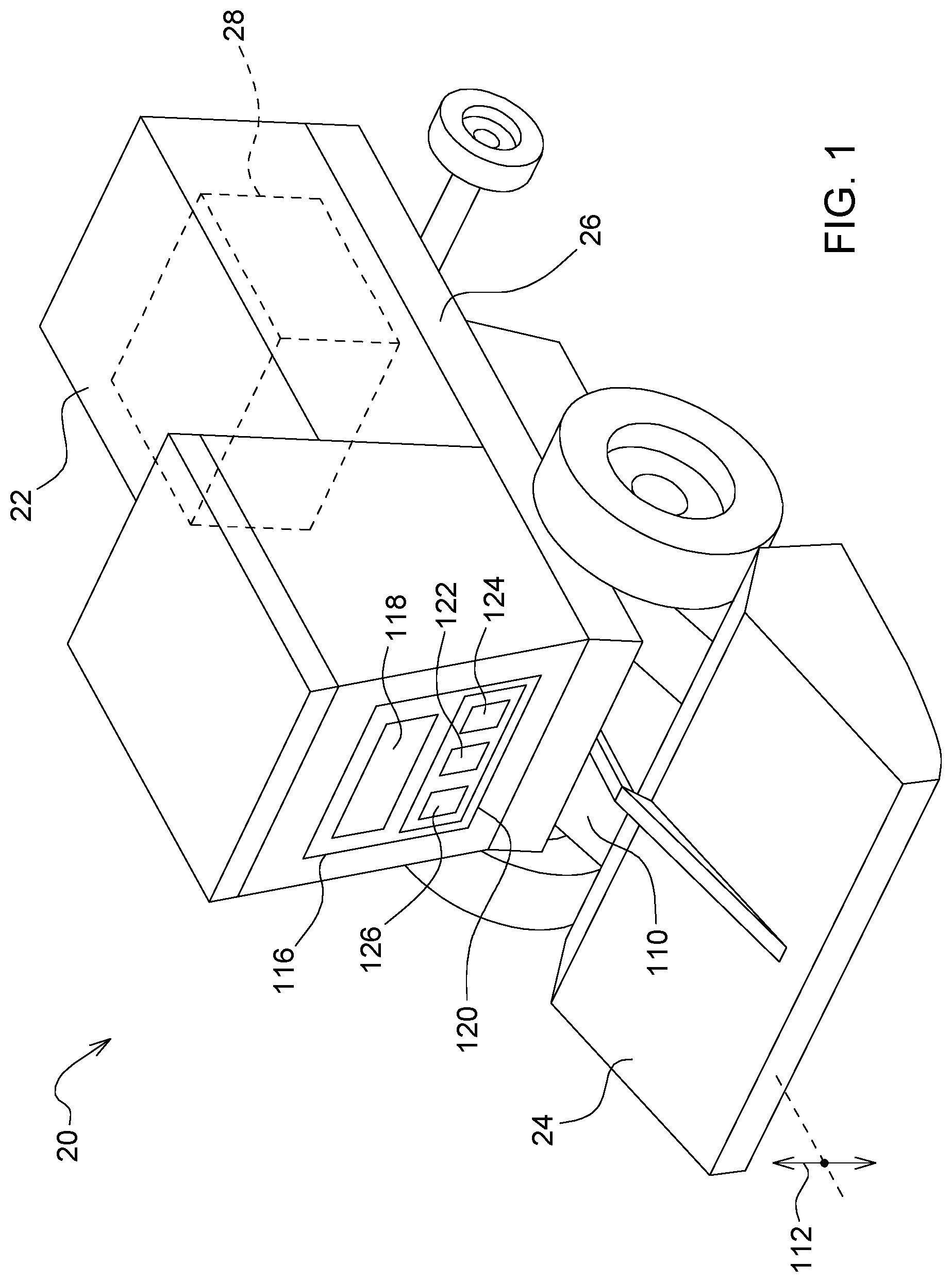 Patent US12104351 Figure 1 – Work implement with header lift control