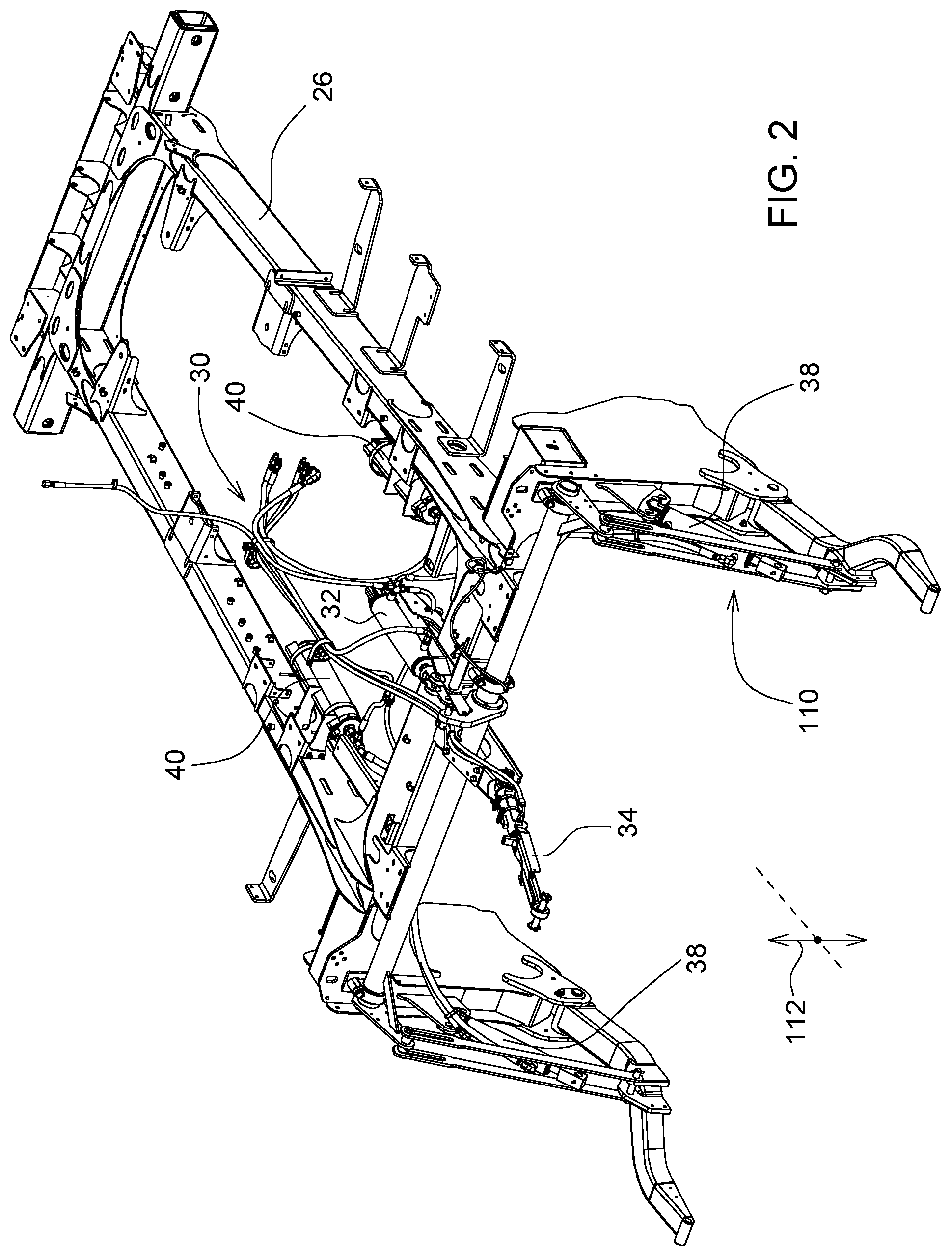 Patent US12104351 Figure 2 – Work implement with header lift control