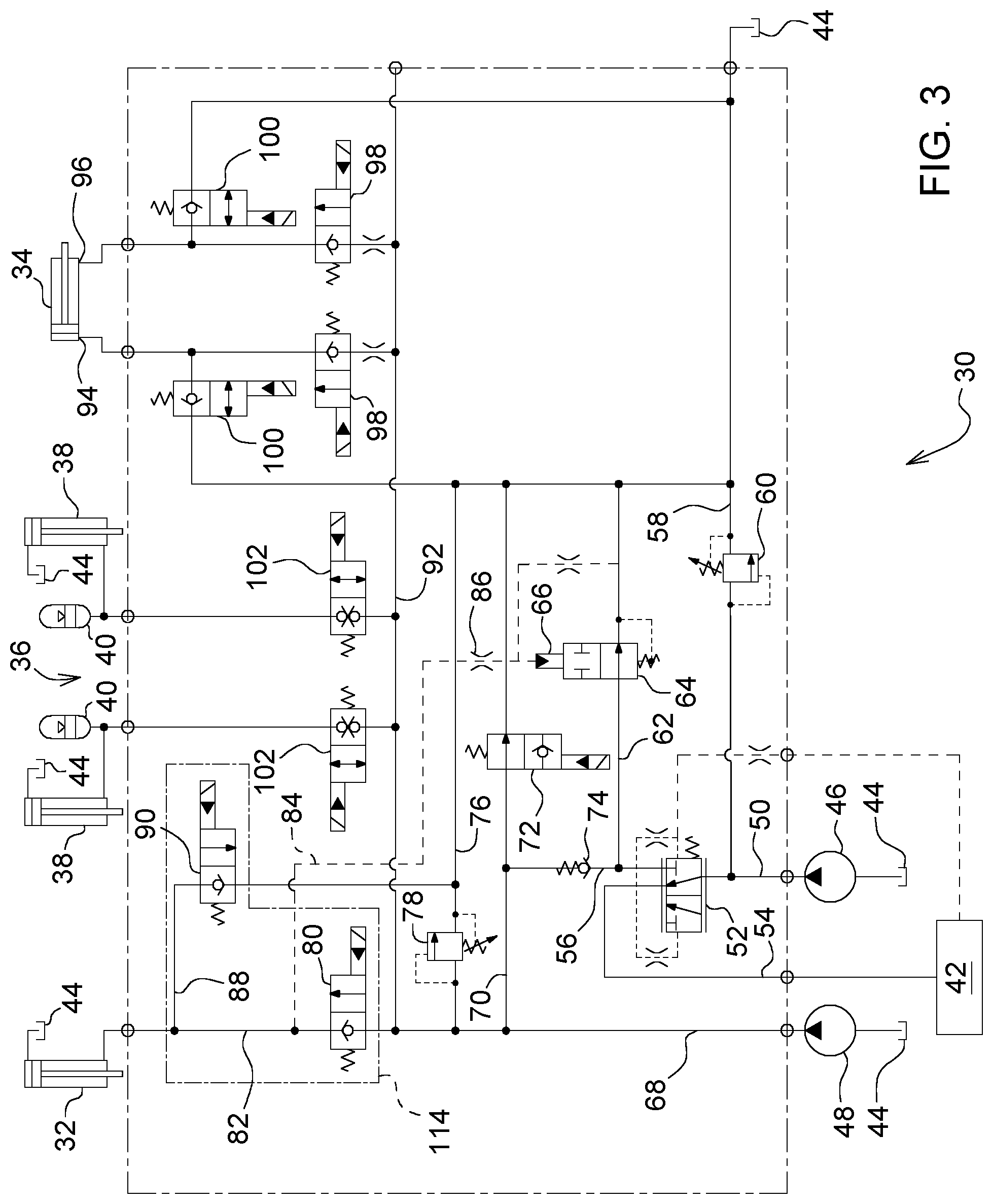 Patent US12104351 Figure 3 – Work implement with header lift control