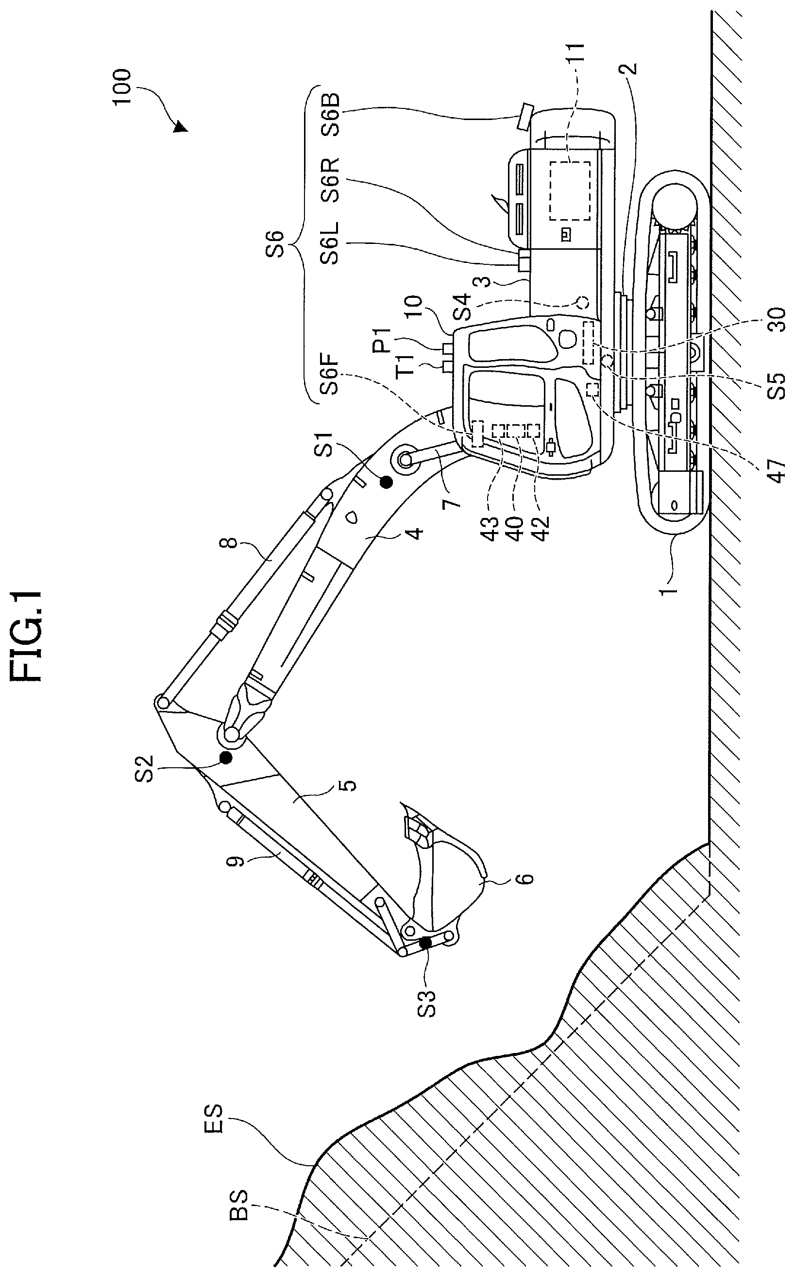 Patent US12104353 Figure 1 – Excavator and control apparatus for excavator
