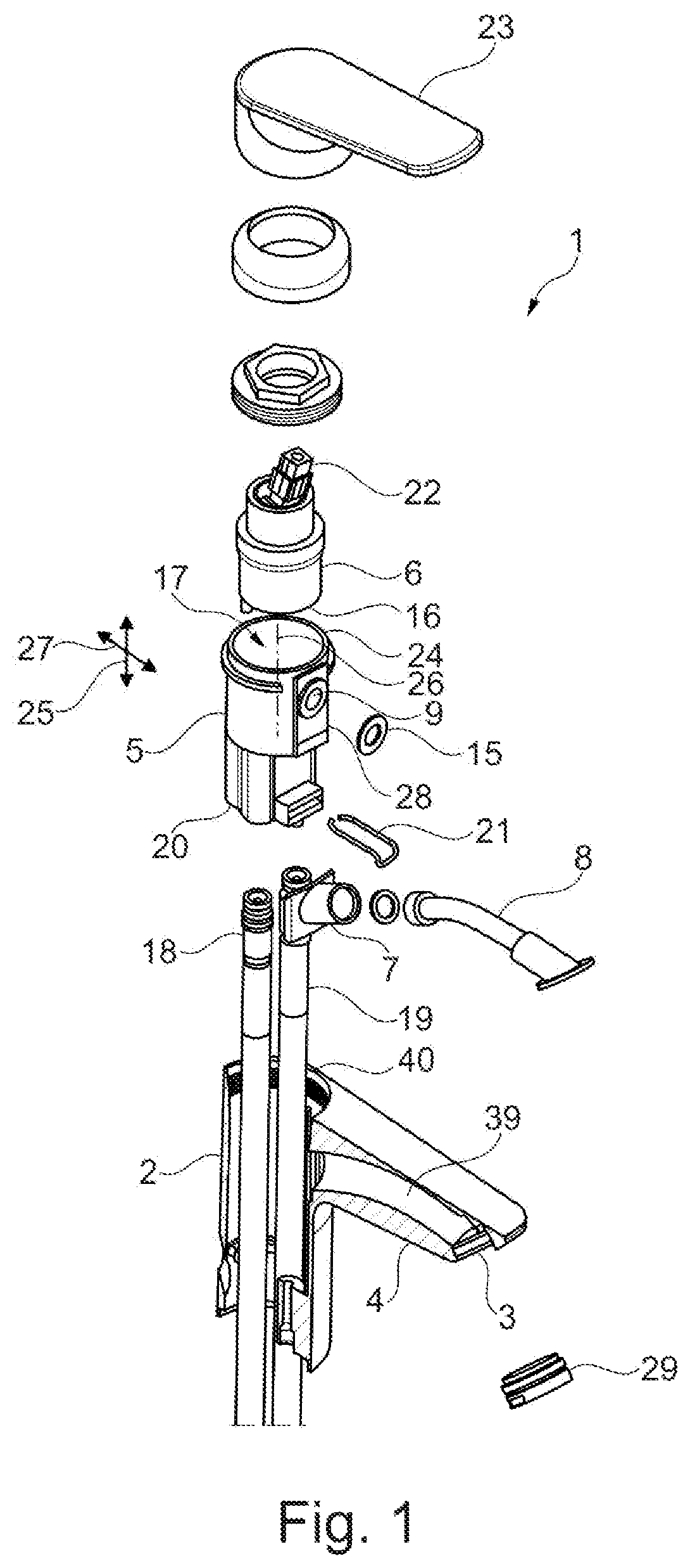 Patent US12104363 Figure 1 – Sanitary faucet and method of assembling such a sanitary faucet