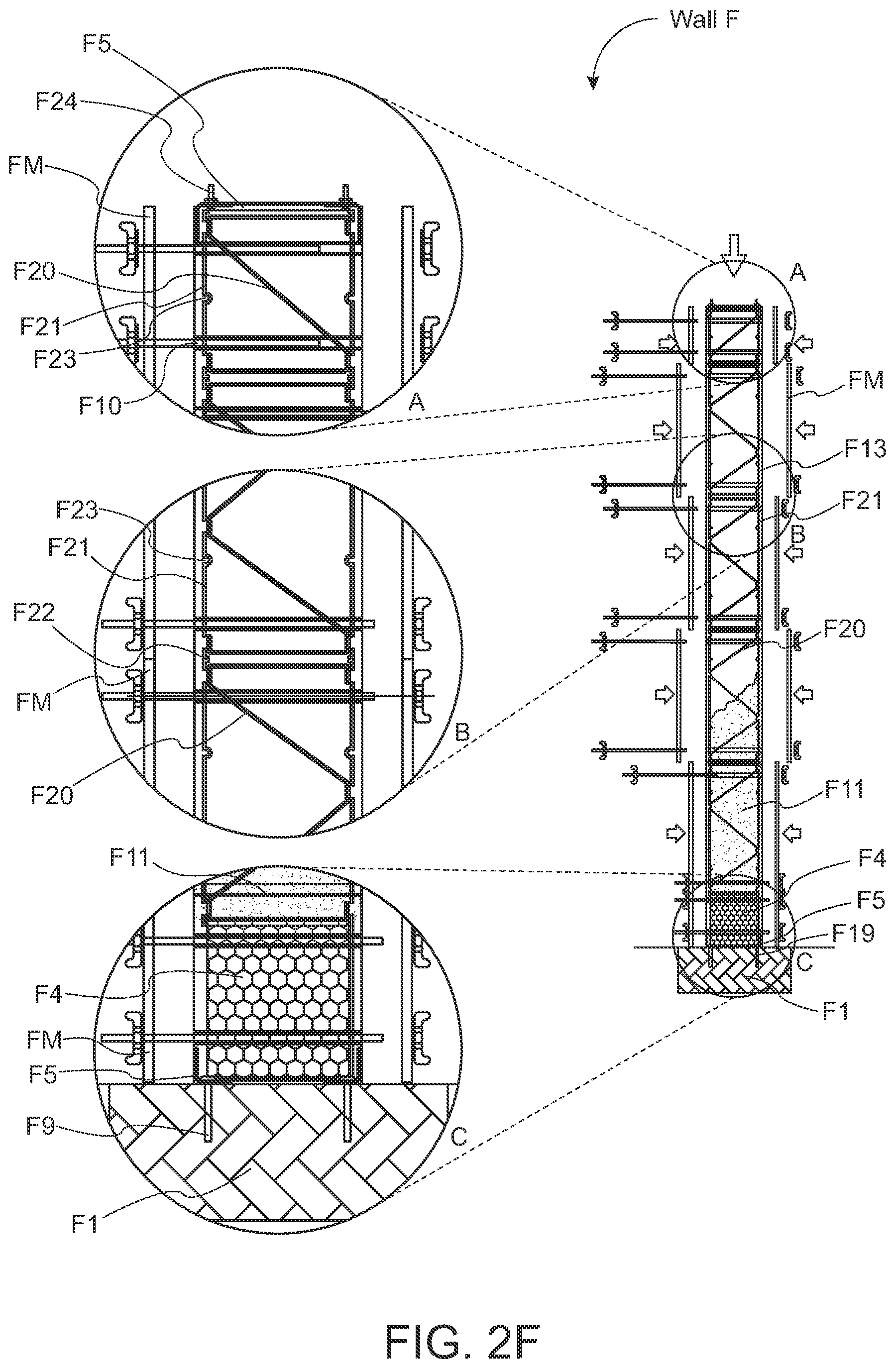 Patent US12104372 Figure 12 – Structural wall with a structure exogenous to the longitudinal axis thereof for enabling the inside of the wall to be filled on site