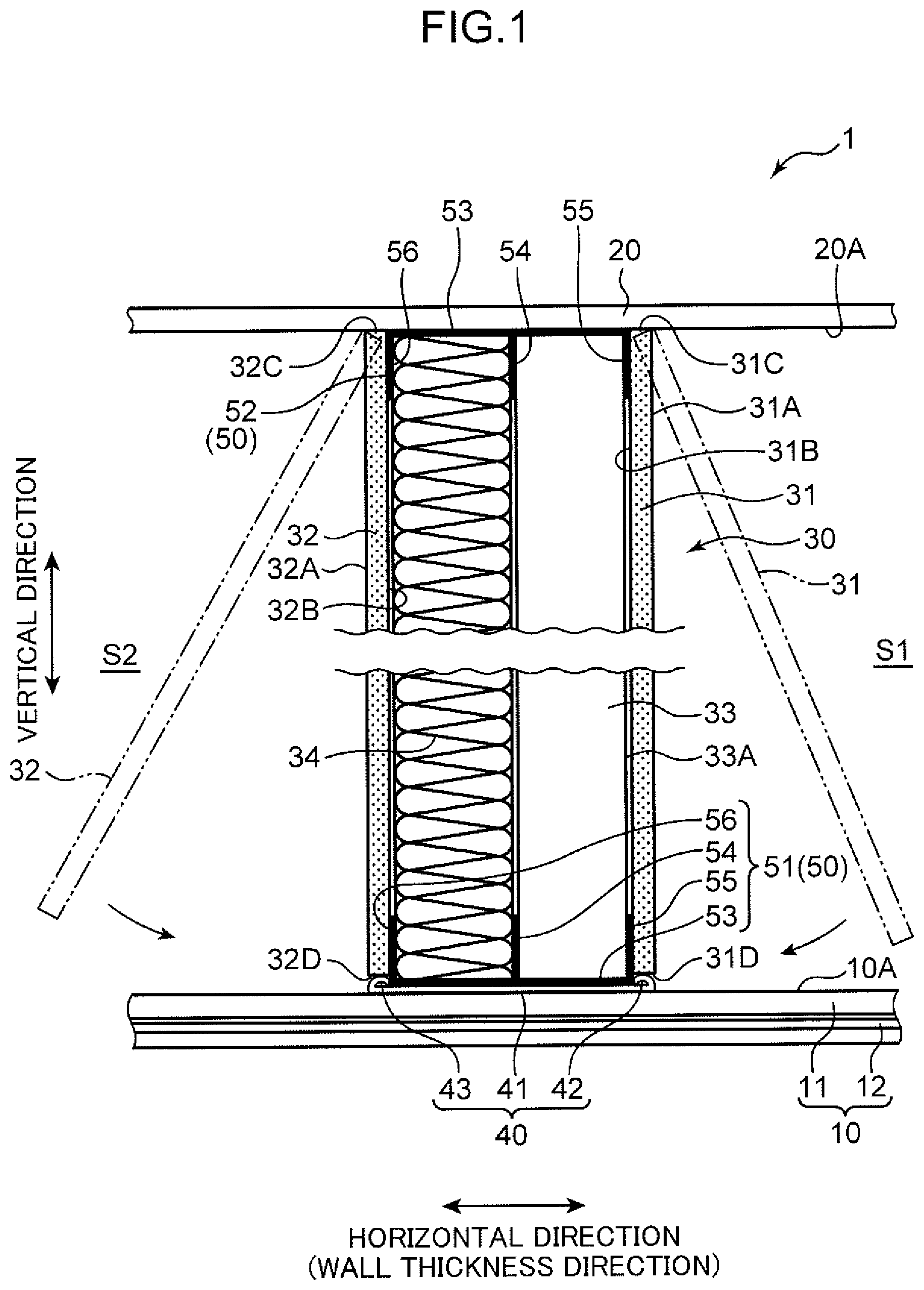 Patent US12104374 Figure 1 – Sound insulation structure of partition wall and method for constructing partition wall