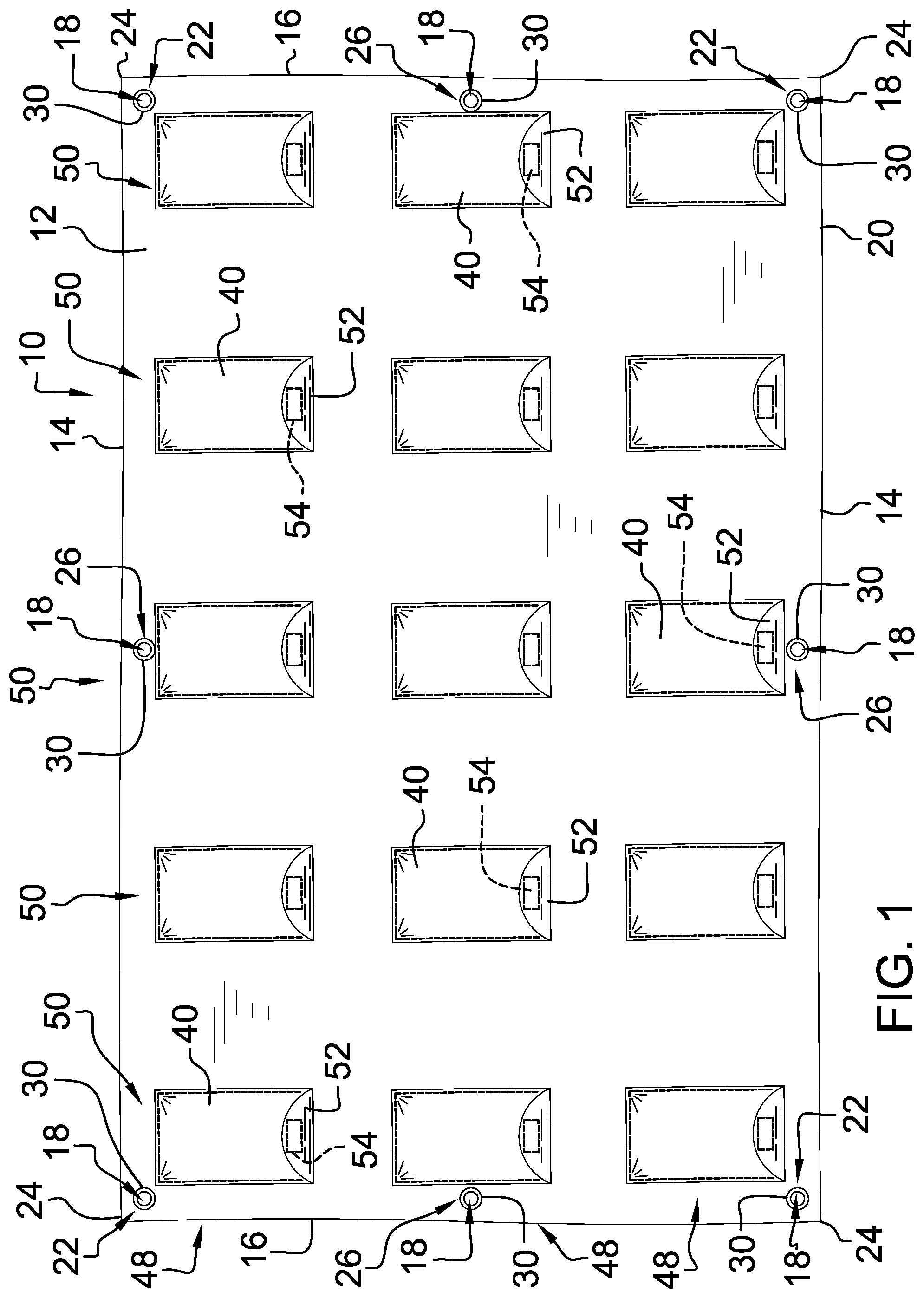 Patent US12104391 Figure 1 – Weighted tarpaulin device