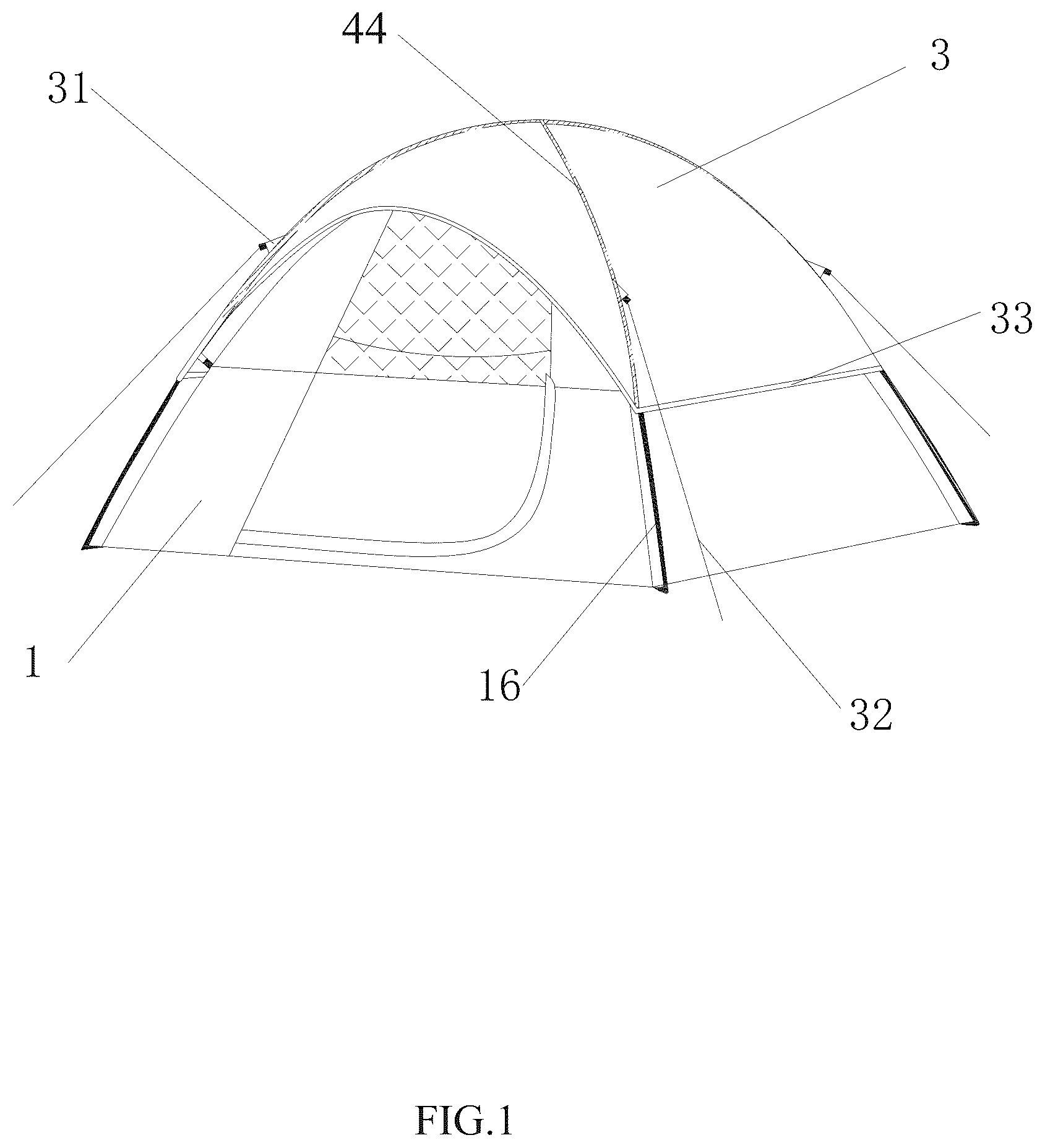 Patent US12104397 Figure 1 – Seamless attached tent