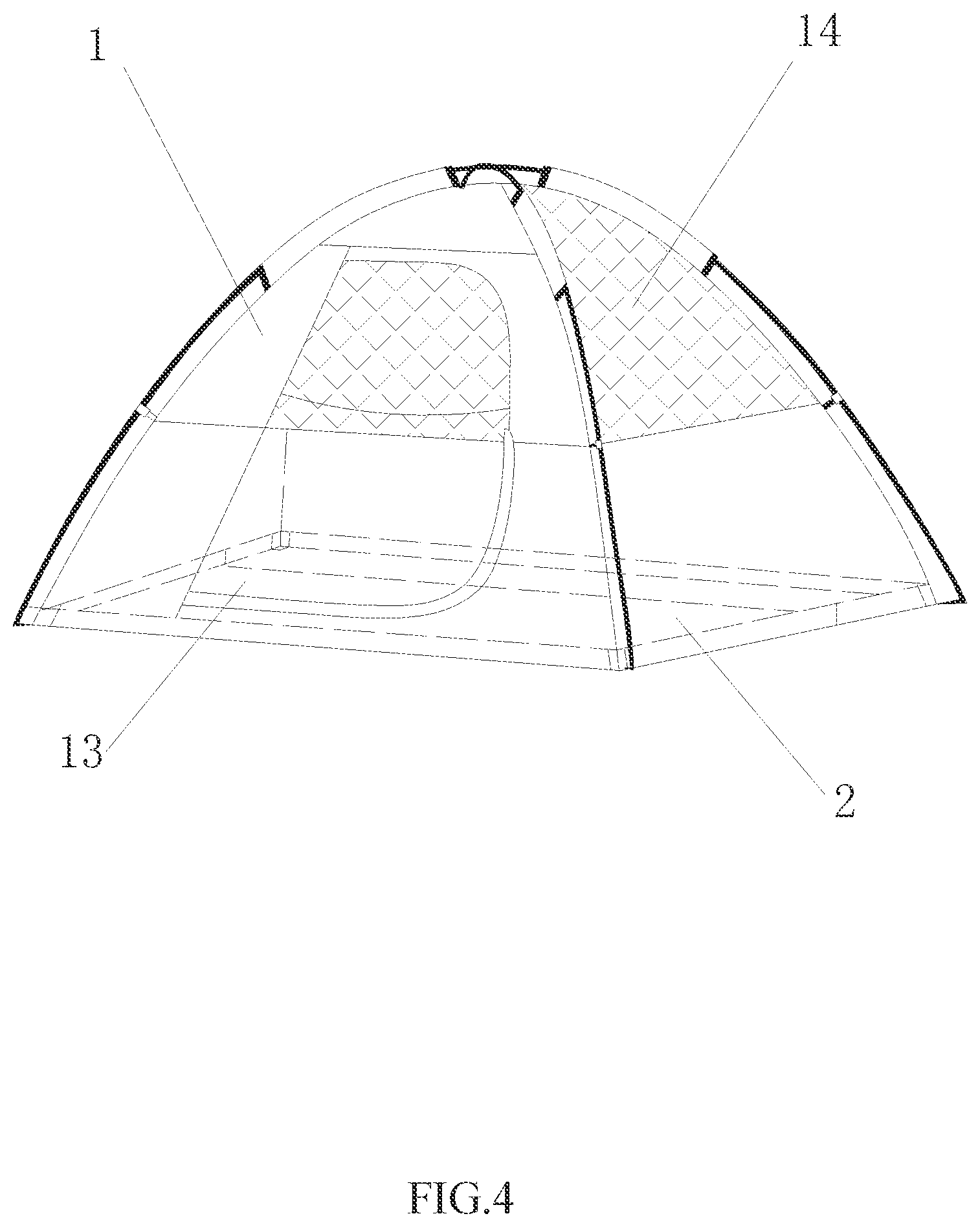 Patent US12104397 Figure 4 – Seamless attached tent