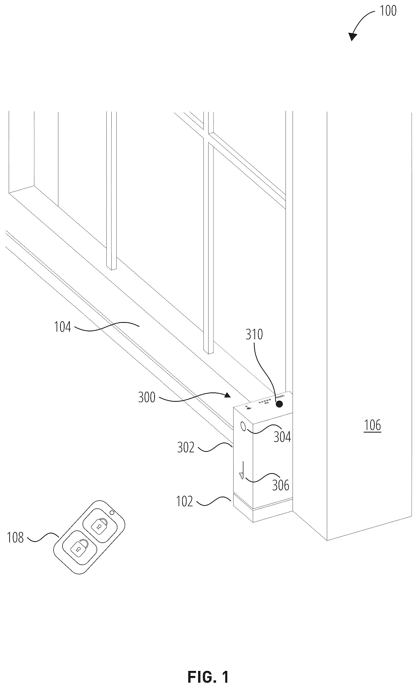 Patent US12104408 Figure 1 – Remote sliding door locking system