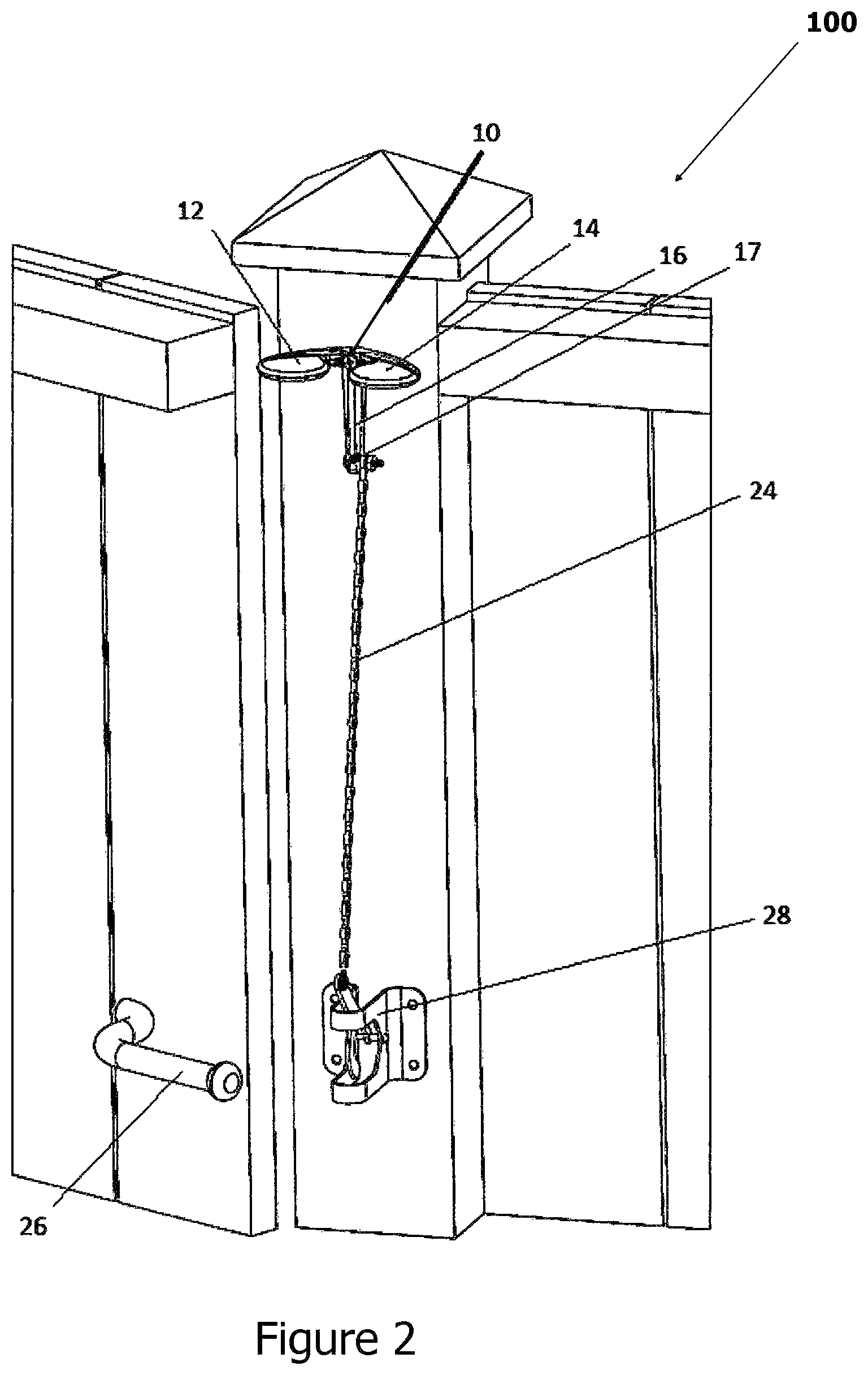 Patent US12104410 Figure 2 – T-shaped lever gate latch pull system