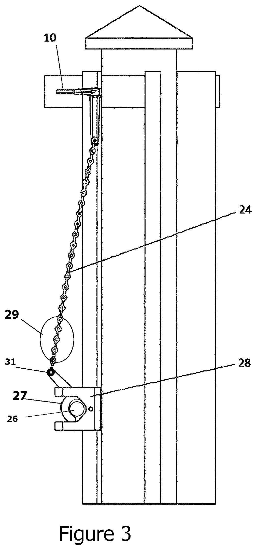 Patent US12104410 Figure 3 – T-shaped lever gate latch pull system