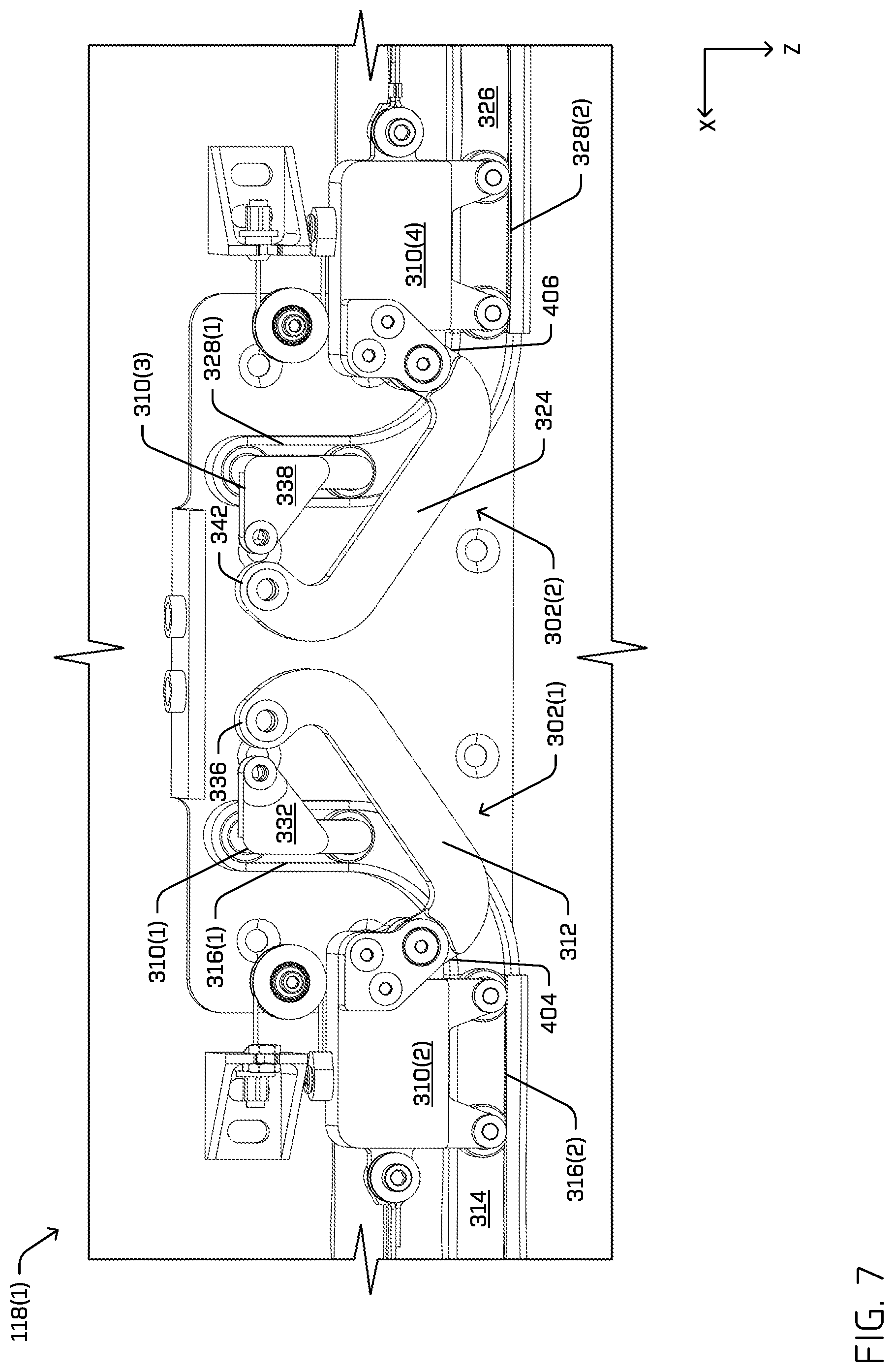 Patent US12104422 Figure 11 – Multi-carriage door actuator mechanism