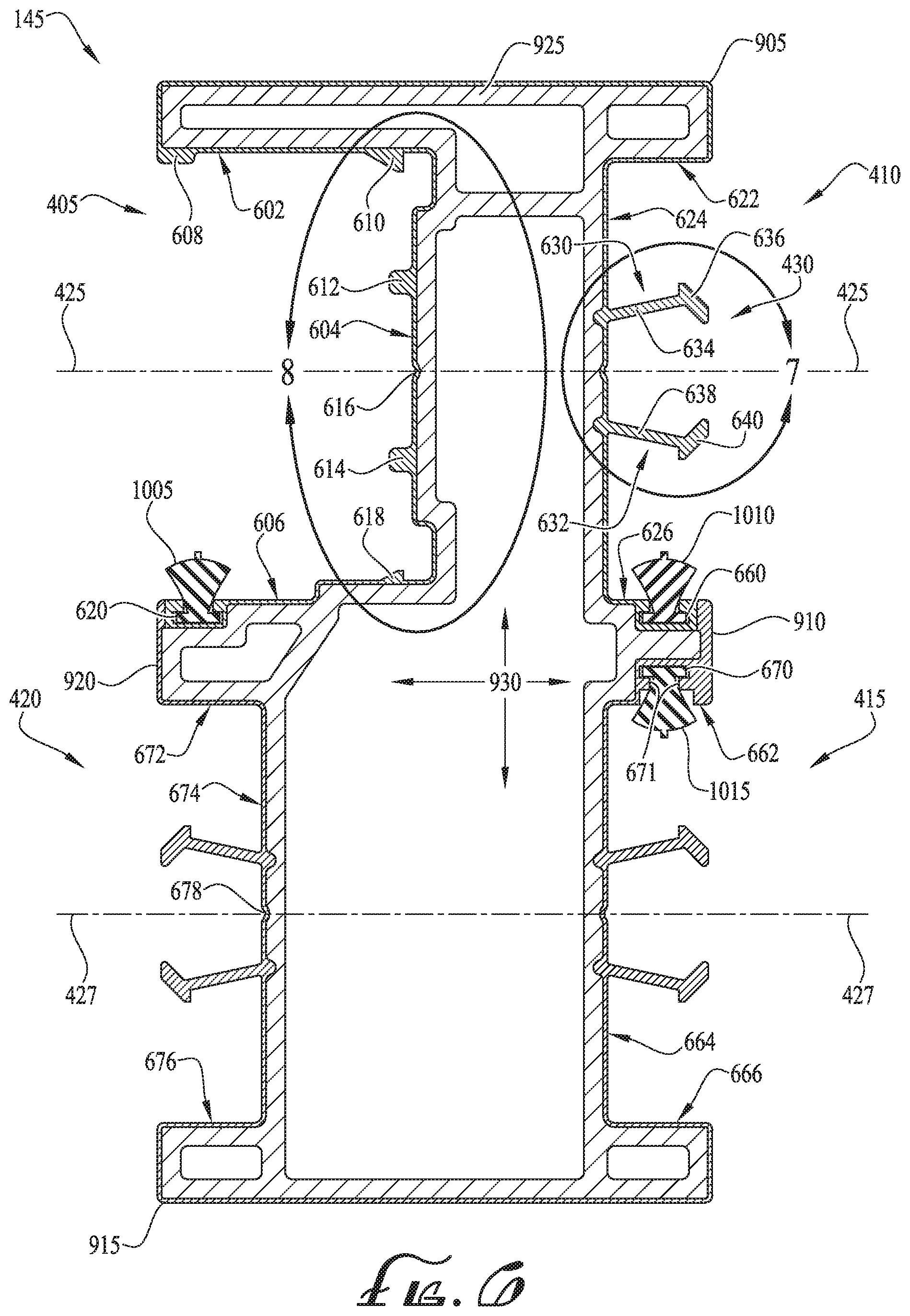 Patent US12104432 Figure 6 – Configurable astragal and snap feature for fenestration systems