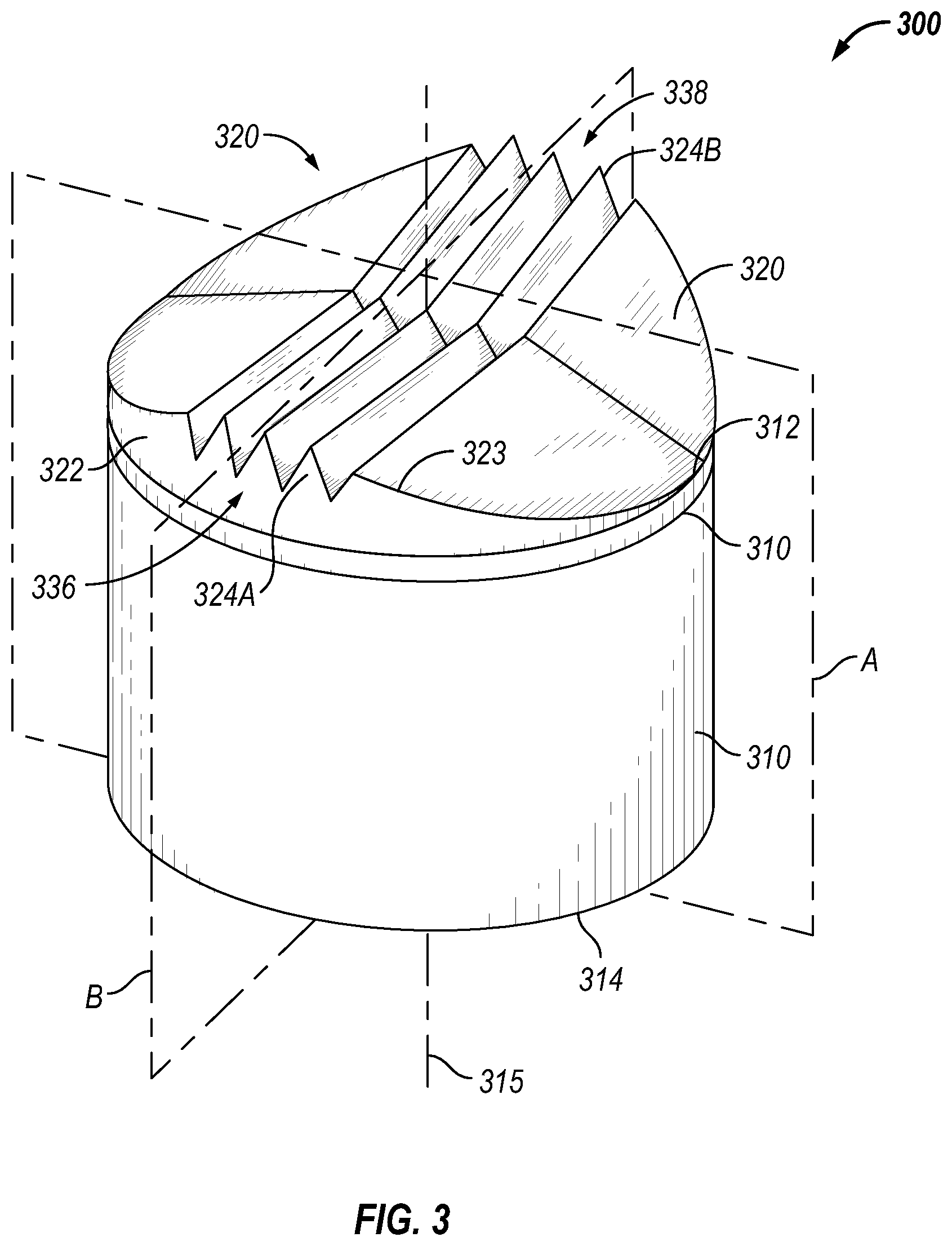 Patent US12104439 Figure 3 – Shaped cutter with ridges and multi-tapered cutting face