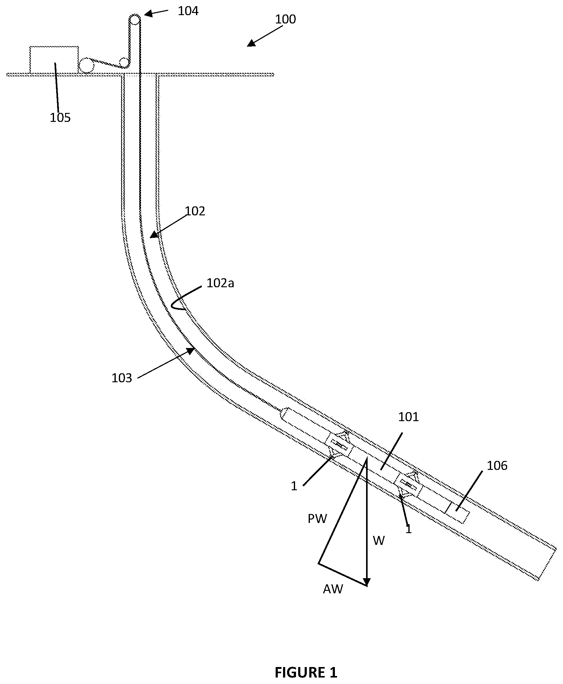 Patent US12104443 Figure 1 – Device for centering a sensor assembly in a bore