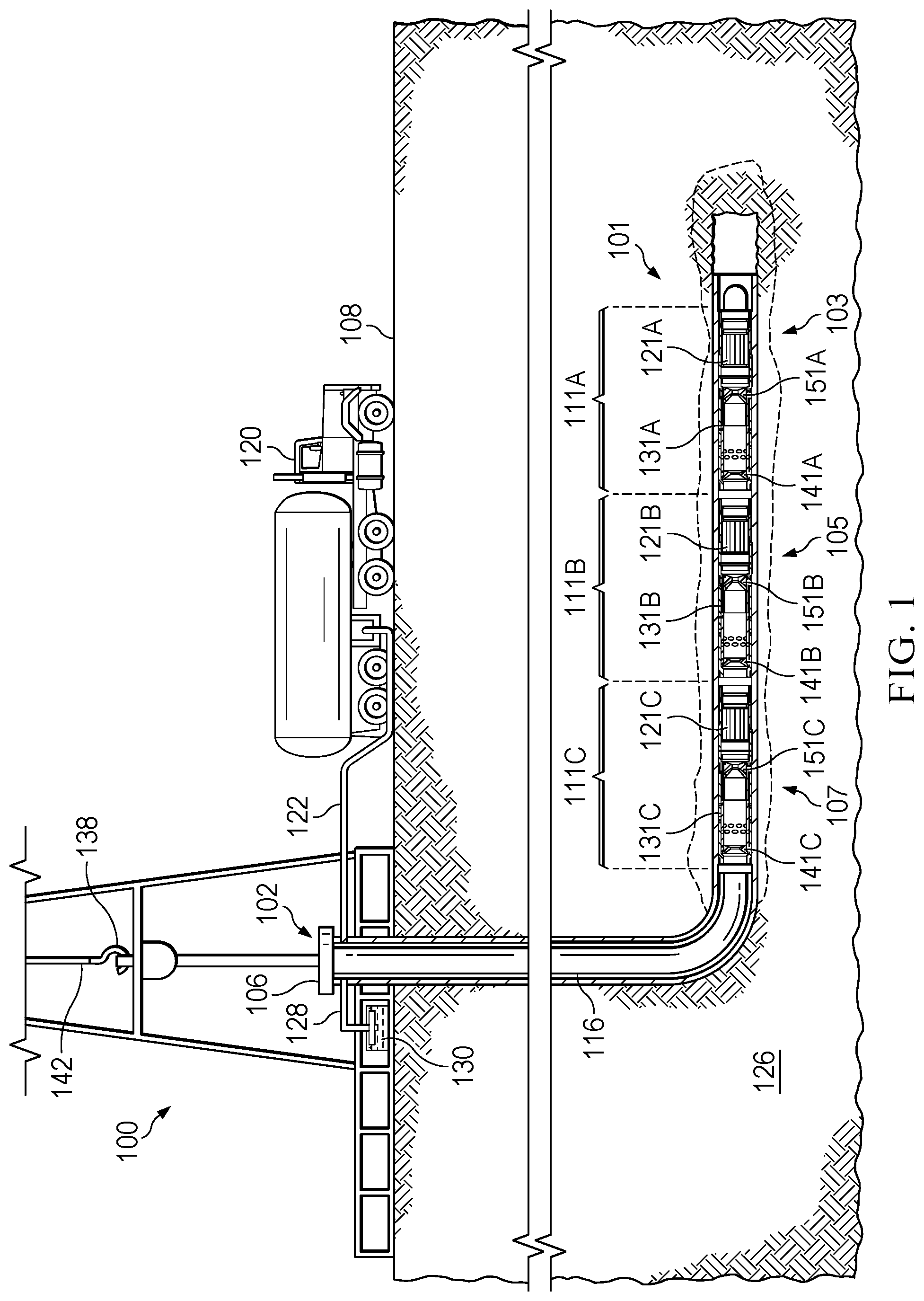 Patent US12104462 — Interventionless stimulation and production systems, multi-zone interventionless stimulation and production assemblies, and methods to perform interventionless stimulation and production operations — Figure 1