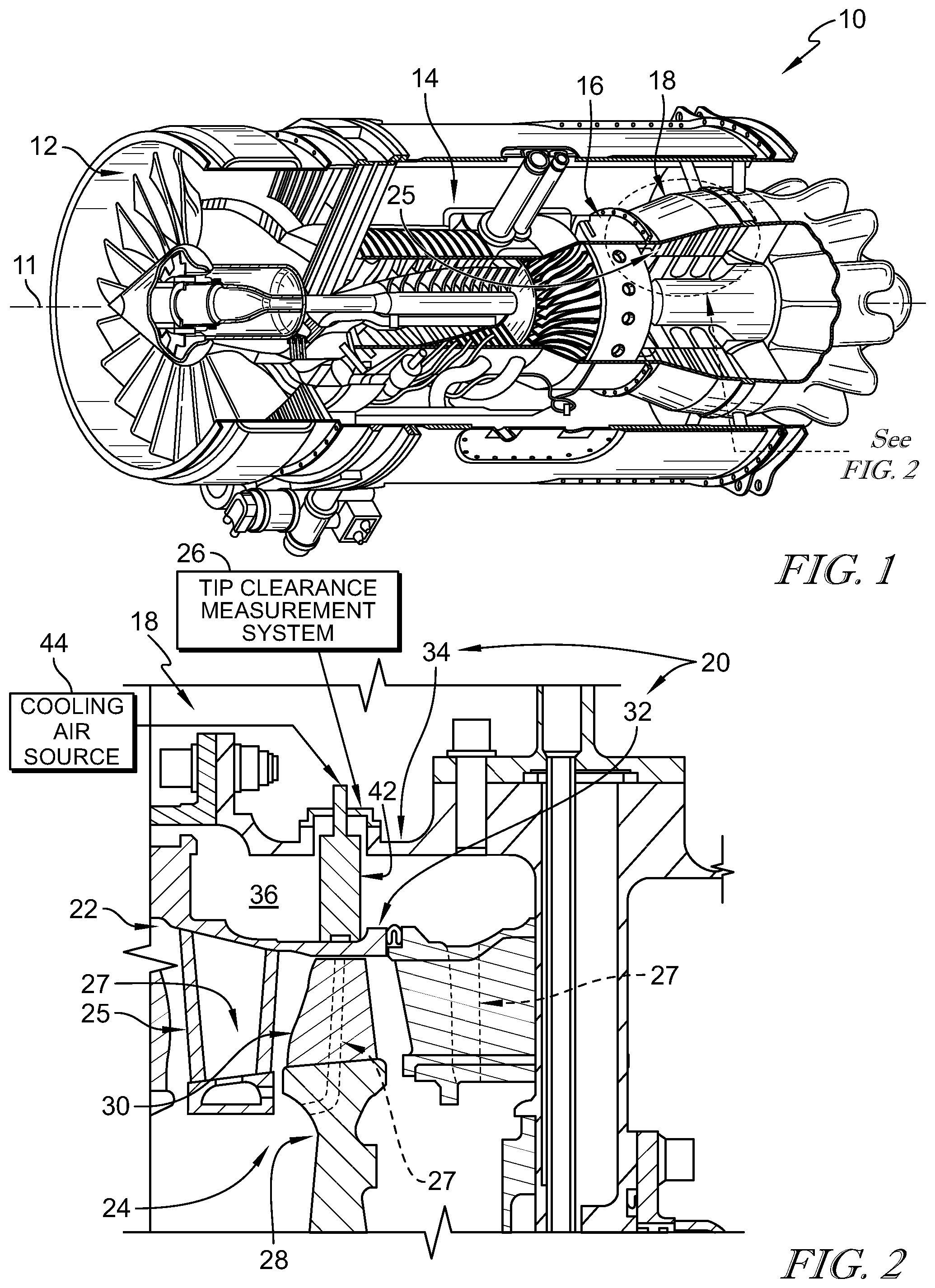 Patent US12104492 Figure 1 – Turbine assembly with clearance sensor having integrated internal cooling