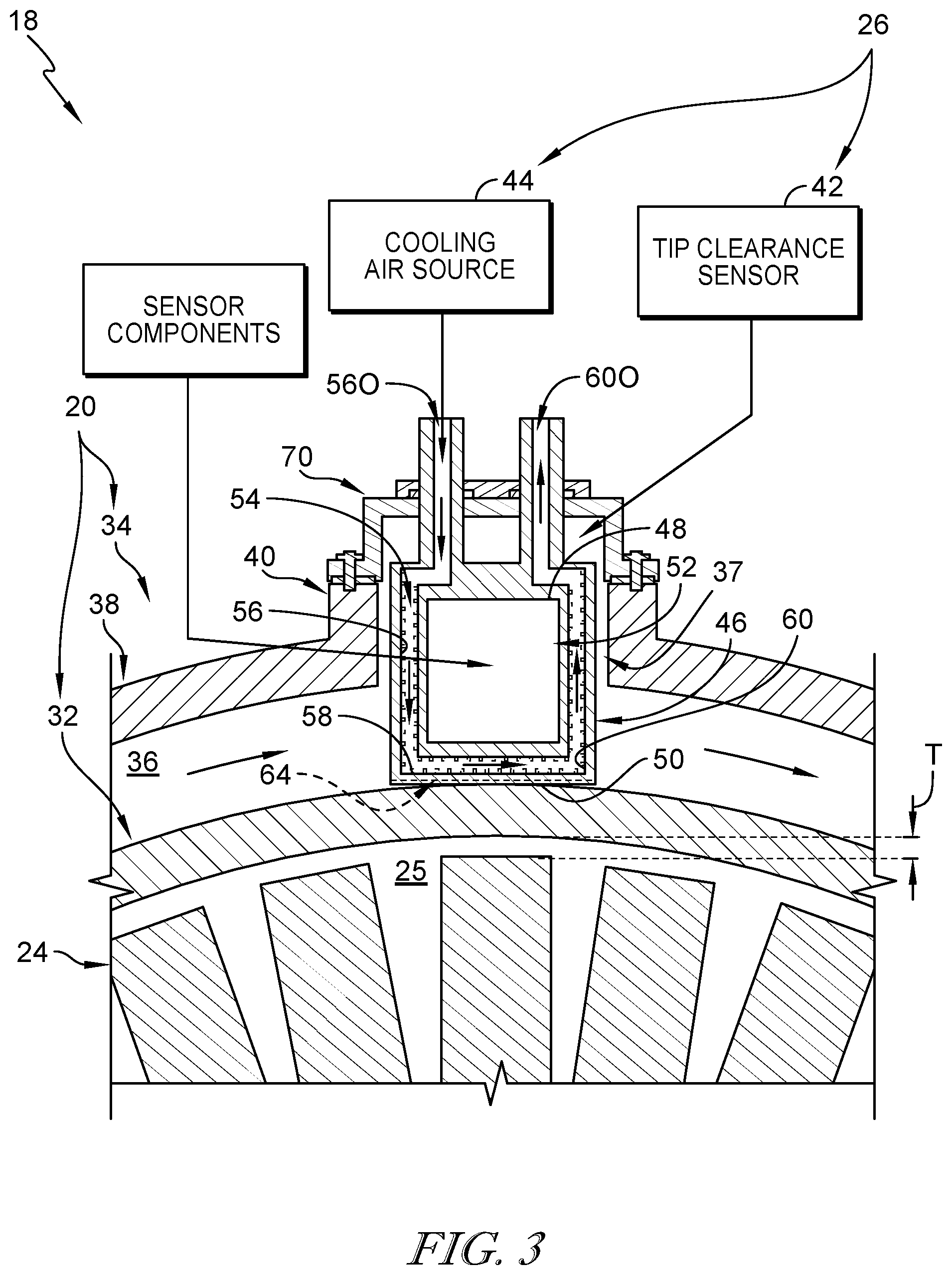 Patent US12104492 Figure 2 – Turbine assembly with clearance sensor having integrated internal cooling