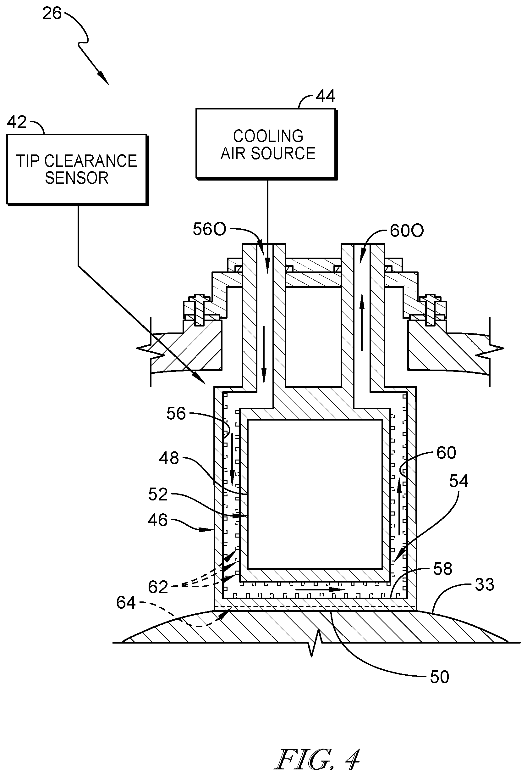 Patent US12104492 Figure 3 – Turbine assembly with clearance sensor having integrated internal cooling