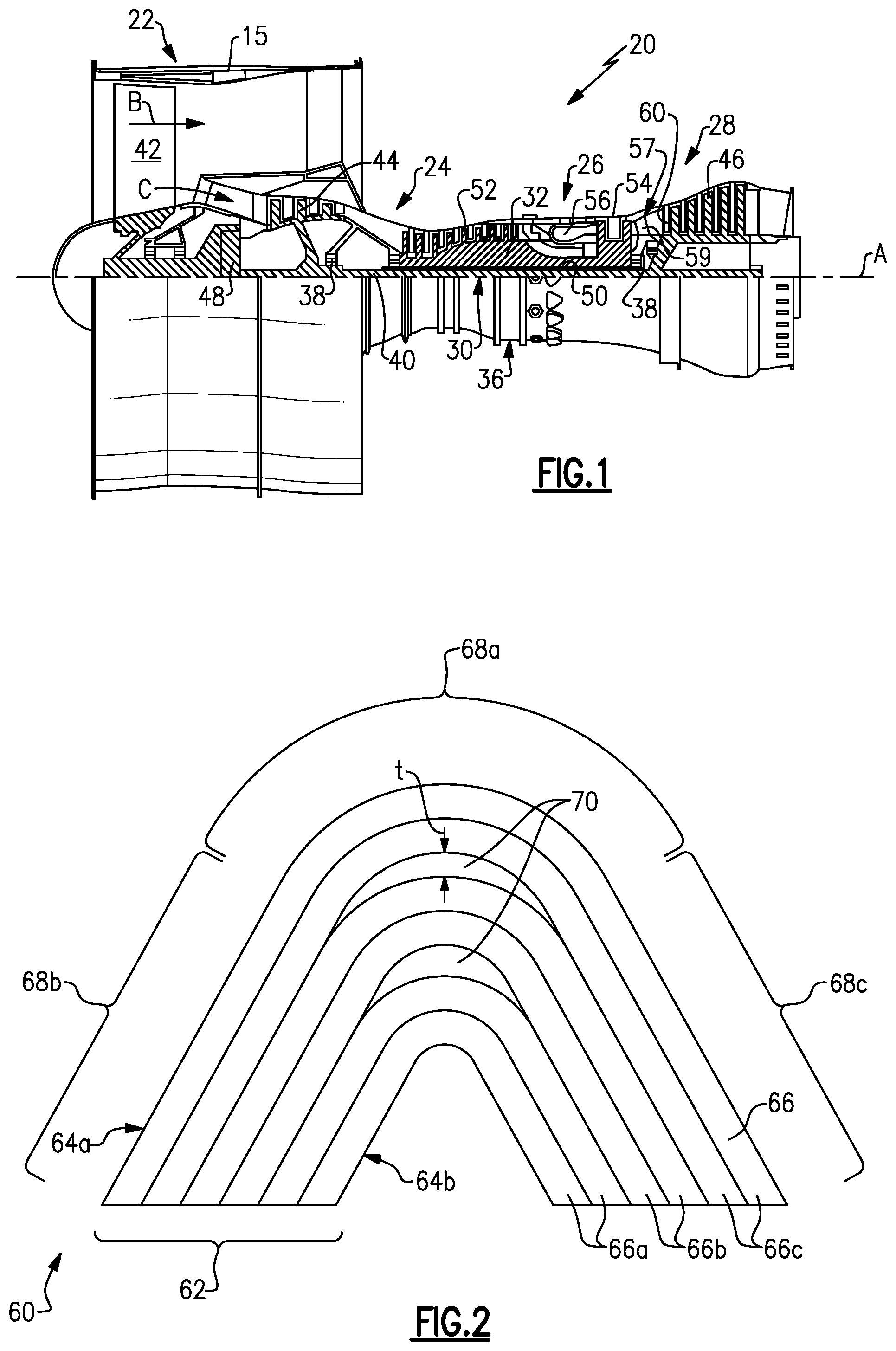 Patent US12104496 Figure 1 – CMC gas turbine engine component with separated fiber plies