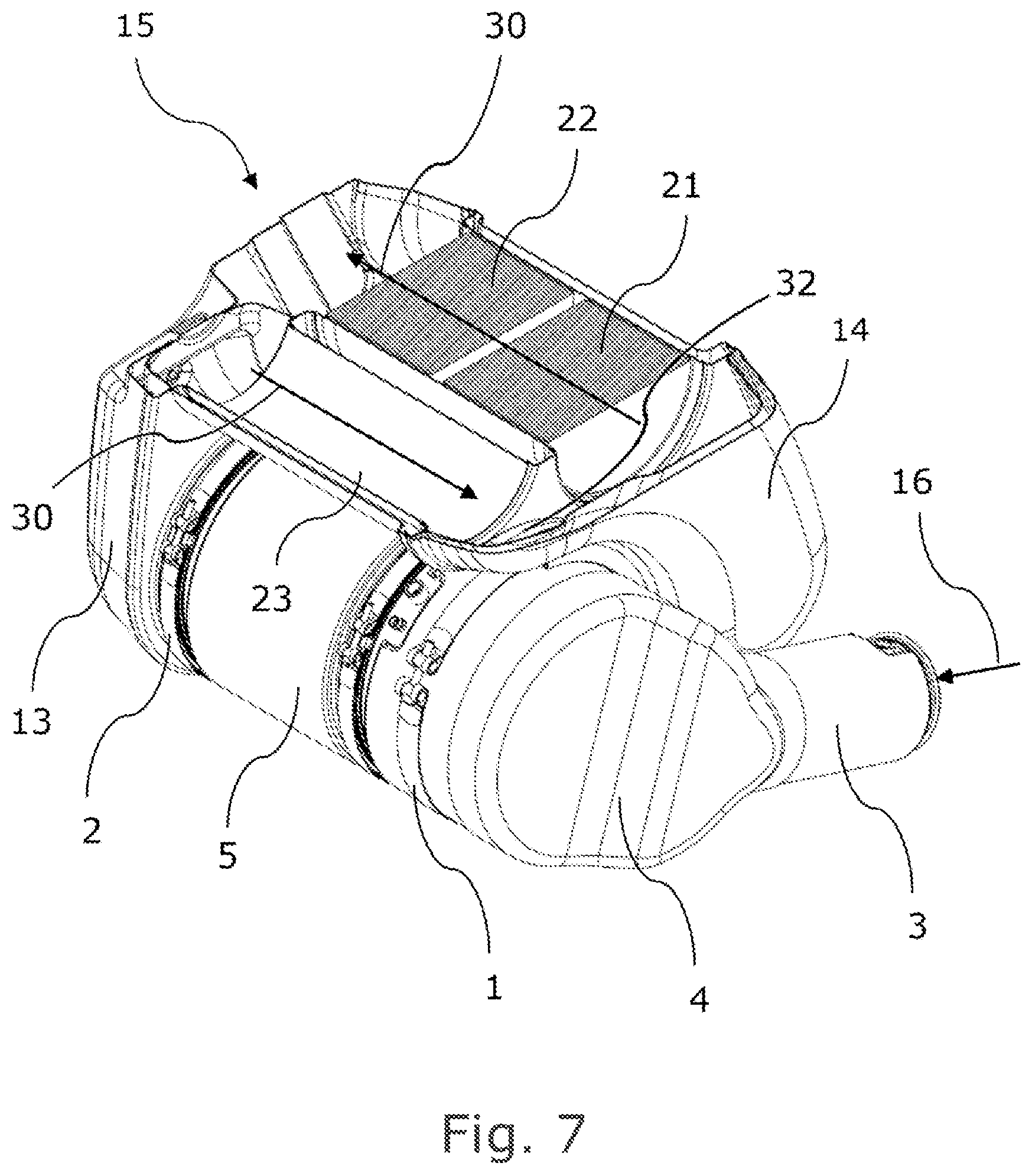 Patent US12104513 Figure 7 – Compact exhaust gas treatment system with serviceable filter