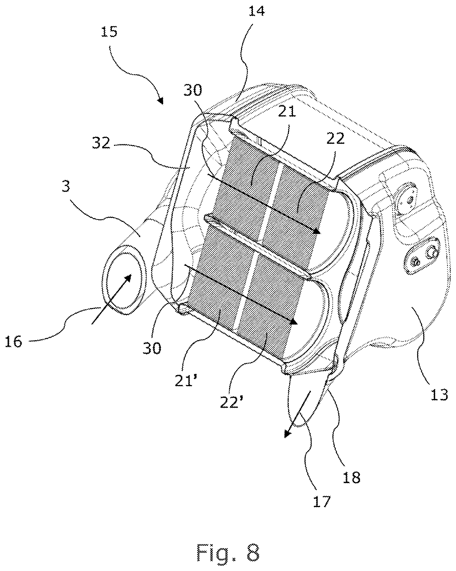 Patent US12104513 Figure 8 – Compact exhaust gas treatment system with serviceable filter
