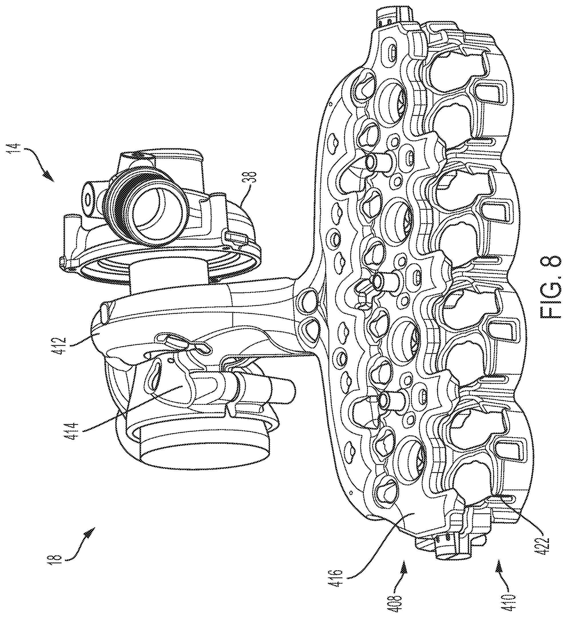 Patent US12104520 Figure 7 – Cylinder head with integrated turbocharger